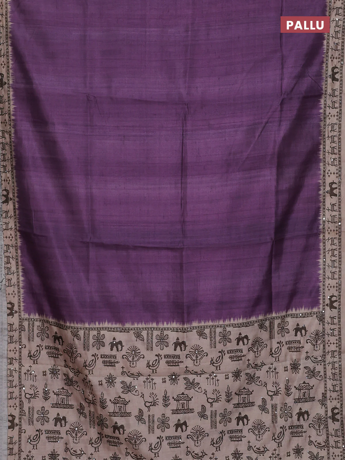 Semi tussar saree purple and beige with plain body and warli prints kantha stitch work border - Image 3