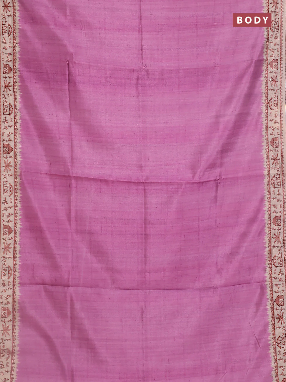 Semi tussar saree purple and beige with plain body and warli prints kantha stitch work border - Image 2