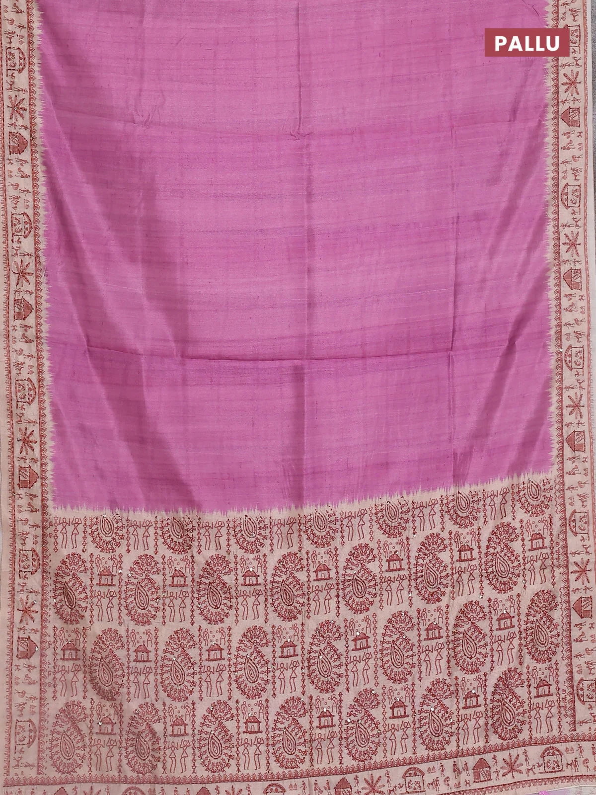 Semi tussar saree purple and beige with plain body and warli prints kantha stitch work border - Image 3