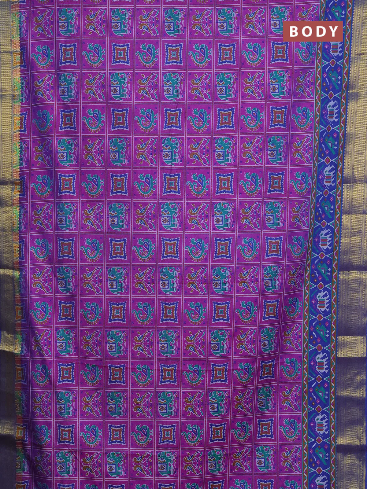 Semi tussar saree purple and blue with allover ikat prints and zari woven border - Image 2