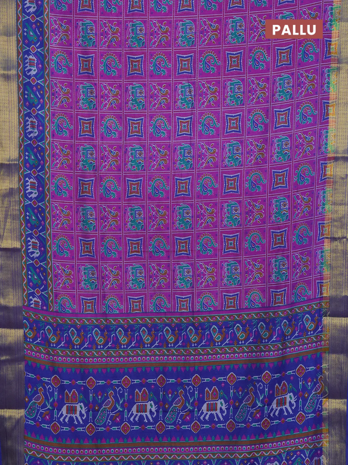 Semi tussar saree purple and blue with allover ikat prints and zari woven border - Image 3