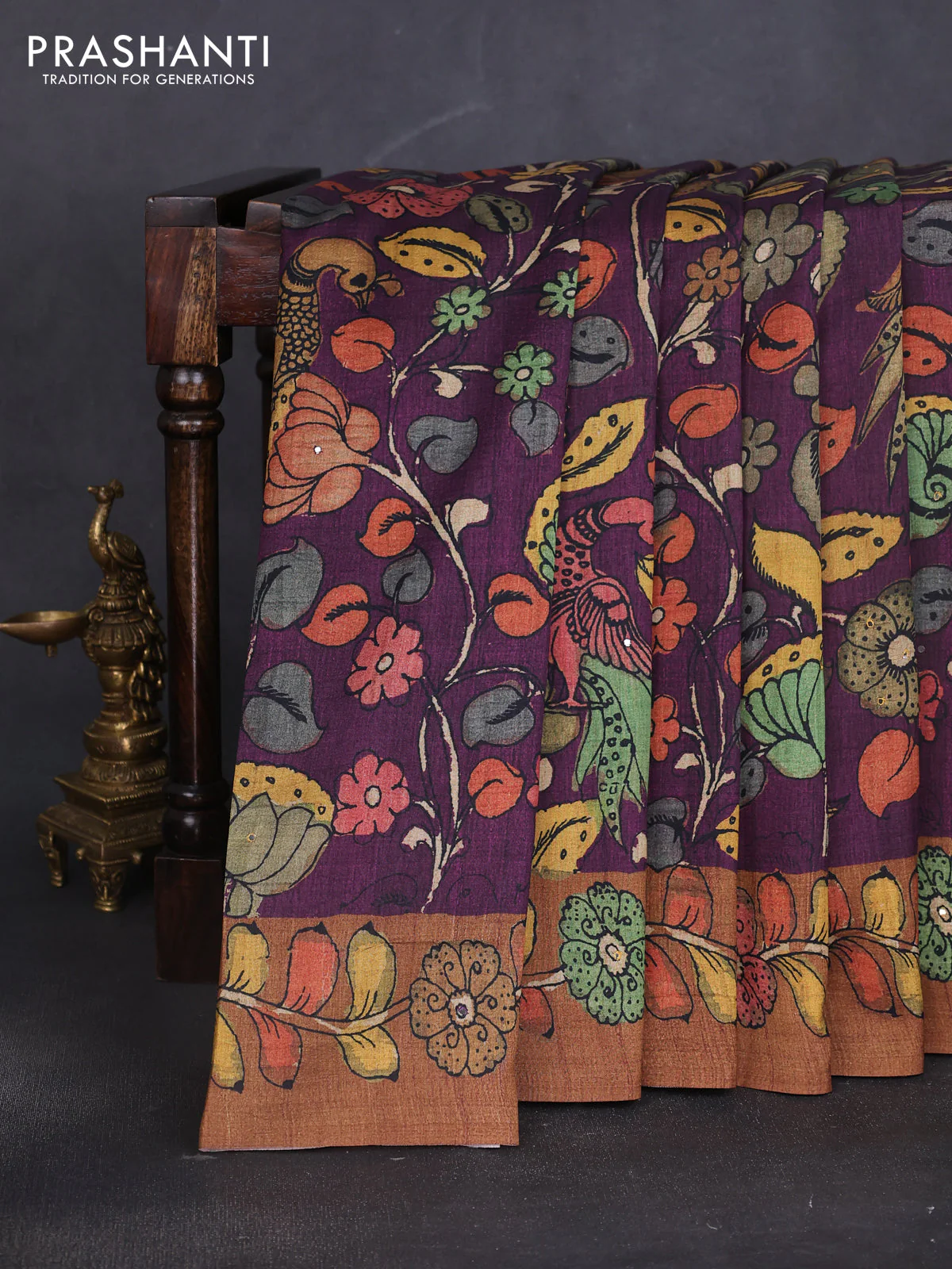 Semi tussar saree purple and brown with allover kalamkari prints and mirror work - Image 2