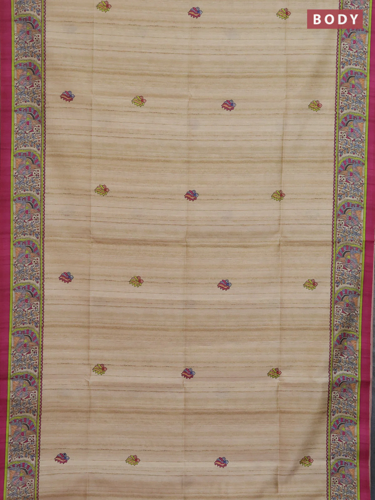 Semi tussar saree purple and cream with allover butta prints and madhubani printed pallu & border - Image 2