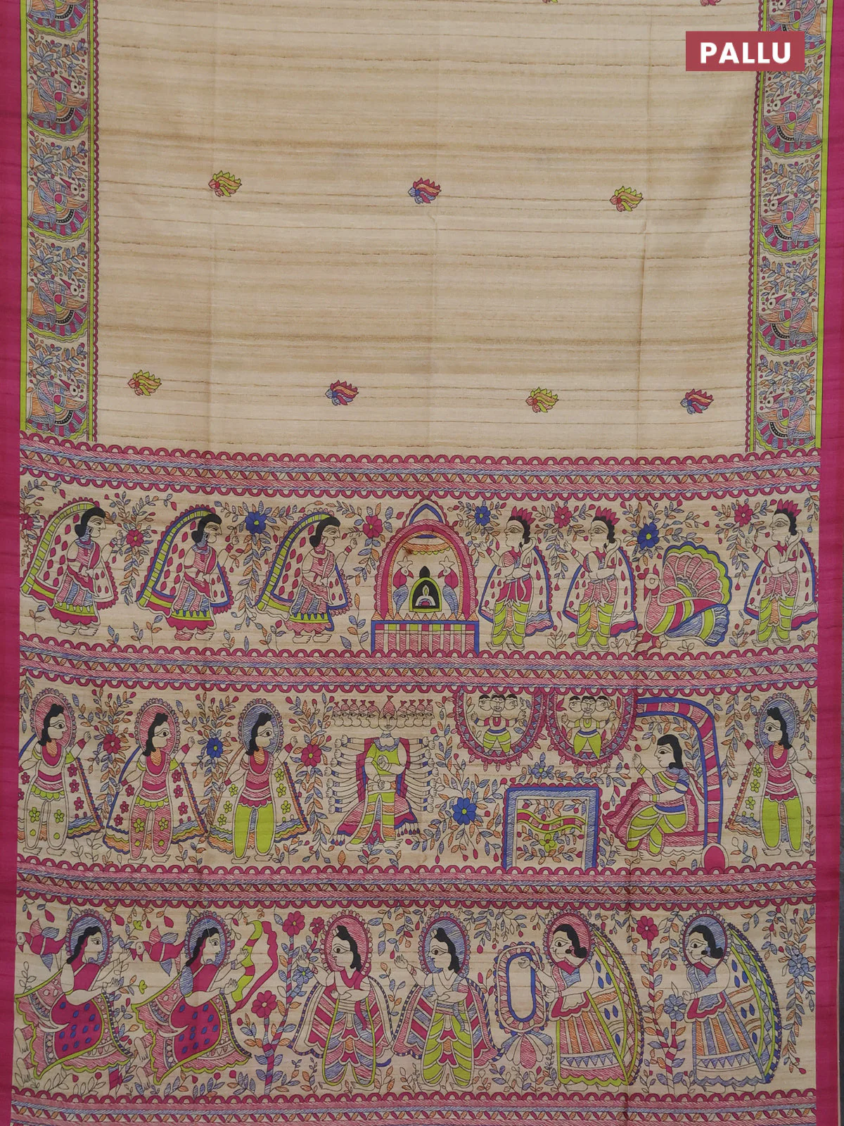 Semi tussar saree purple and cream with allover butta prints and madhubani printed pallu & border - Image 3