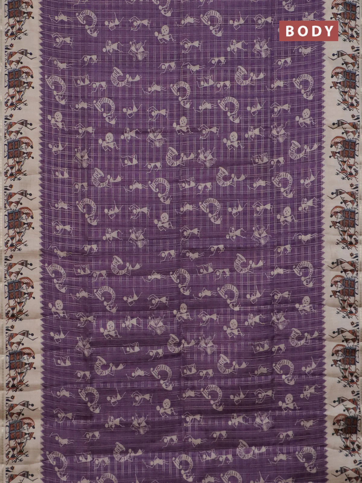 Semi tussar saree purple and cream with allover kalamkari prints and zari woven border - Image 2