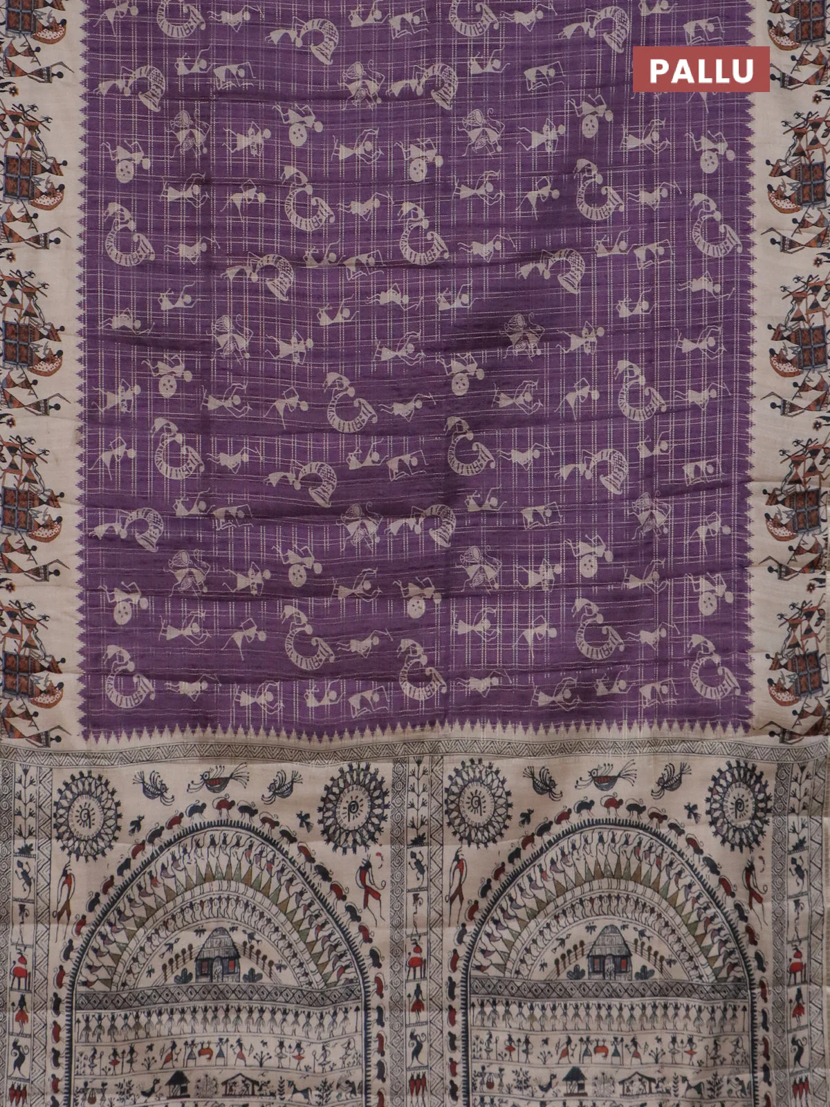Semi tussar saree purple and cream with allover kalamkari prints and zari woven border - Image 3