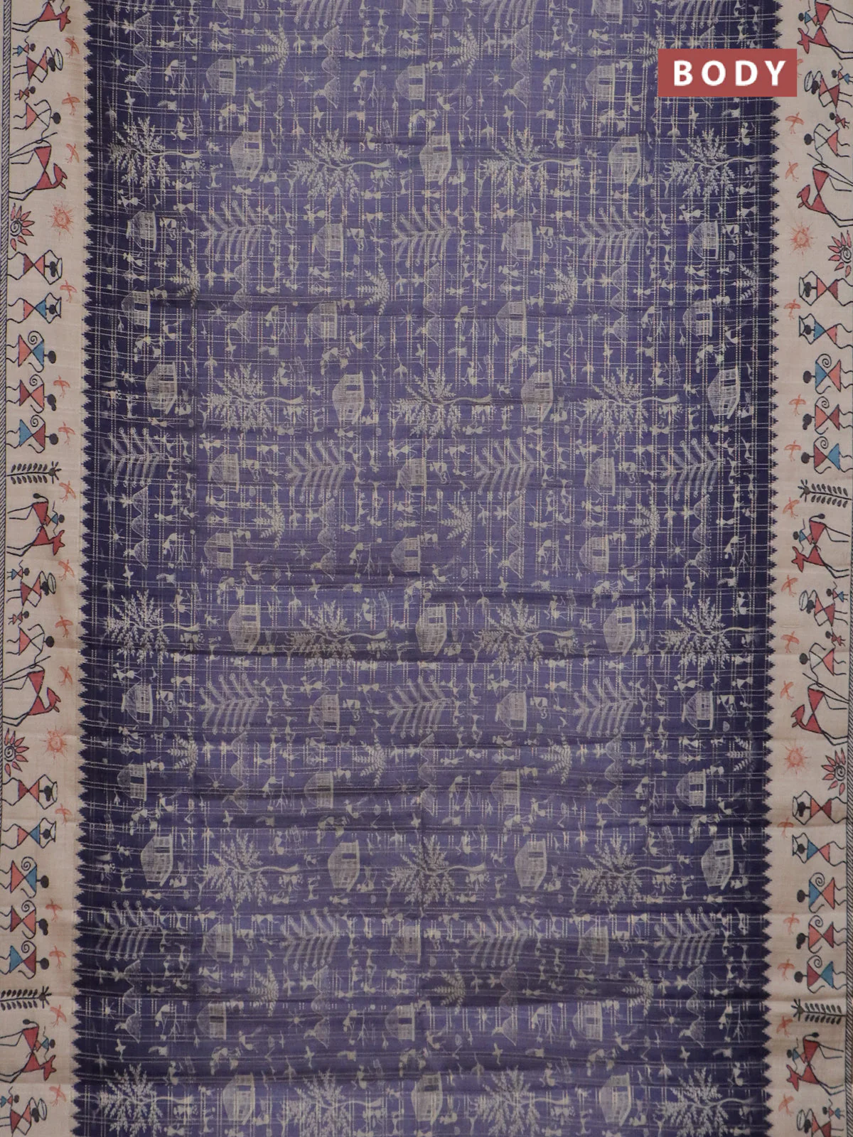 Semi tussar saree purple and cream with allover zari checks & warli prints  and printed border - Image 2