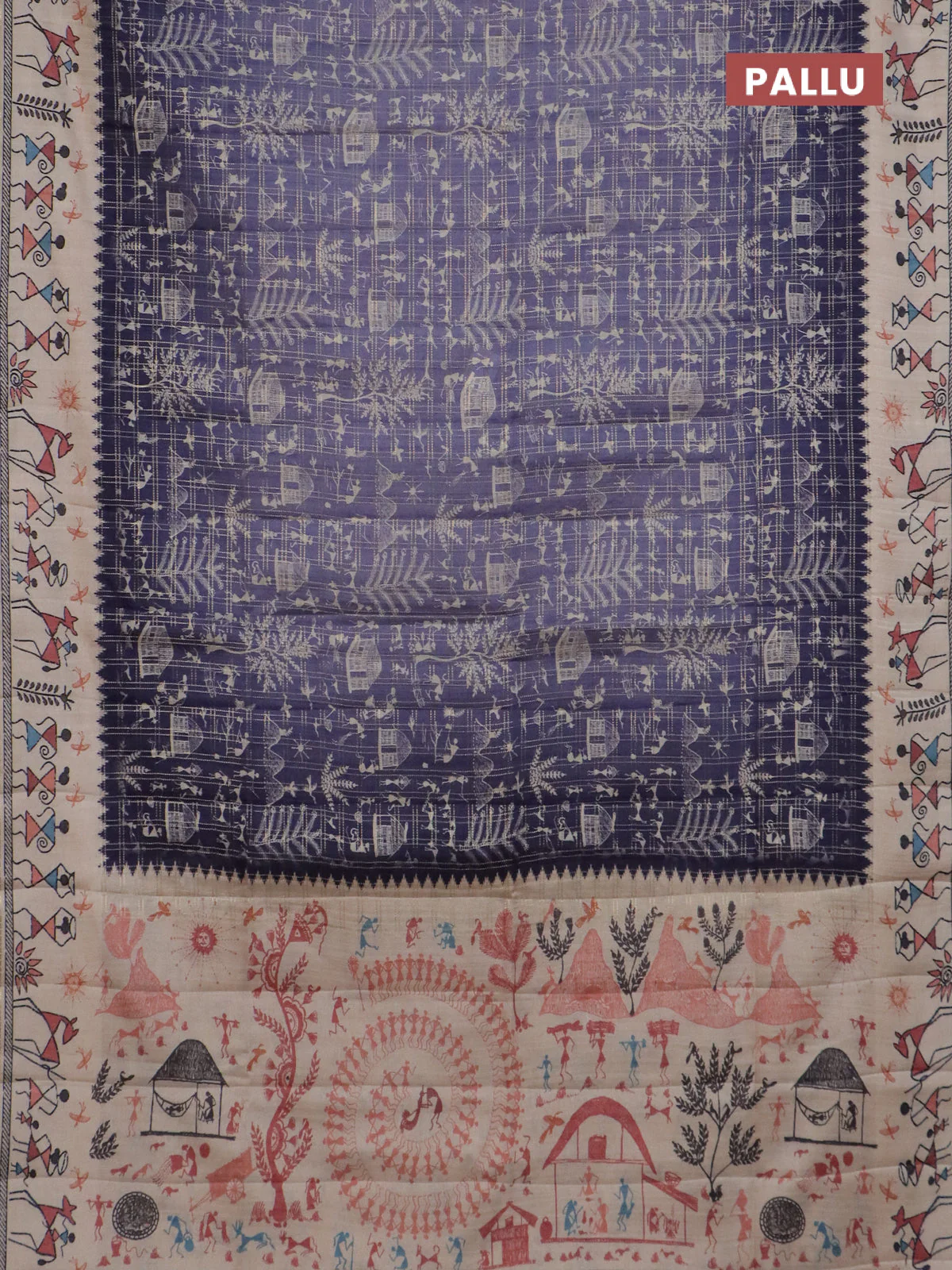 Semi tussar saree purple and cream with allover zari checks & warli prints  and printed border - Image 3