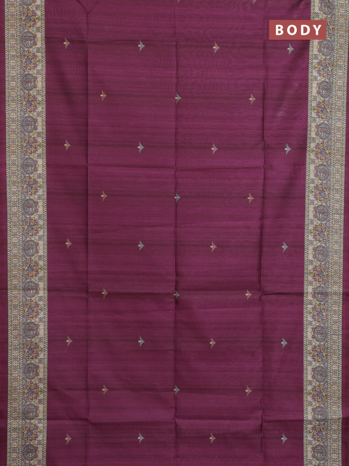 Semi tussar saree purple and cream with butta prints and madhubani printed pallu & border - Image 2