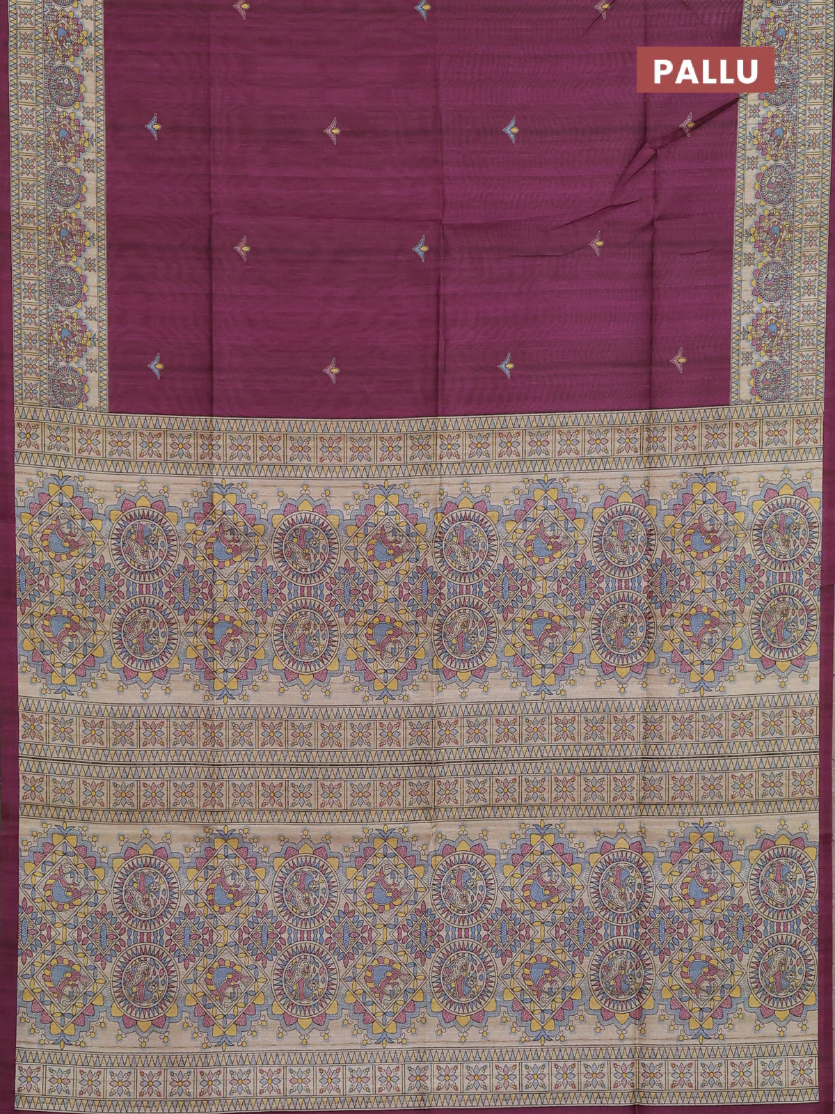 Semi tussar saree purple and cream with butta prints and madhubani printed pallu & border - Image 3
