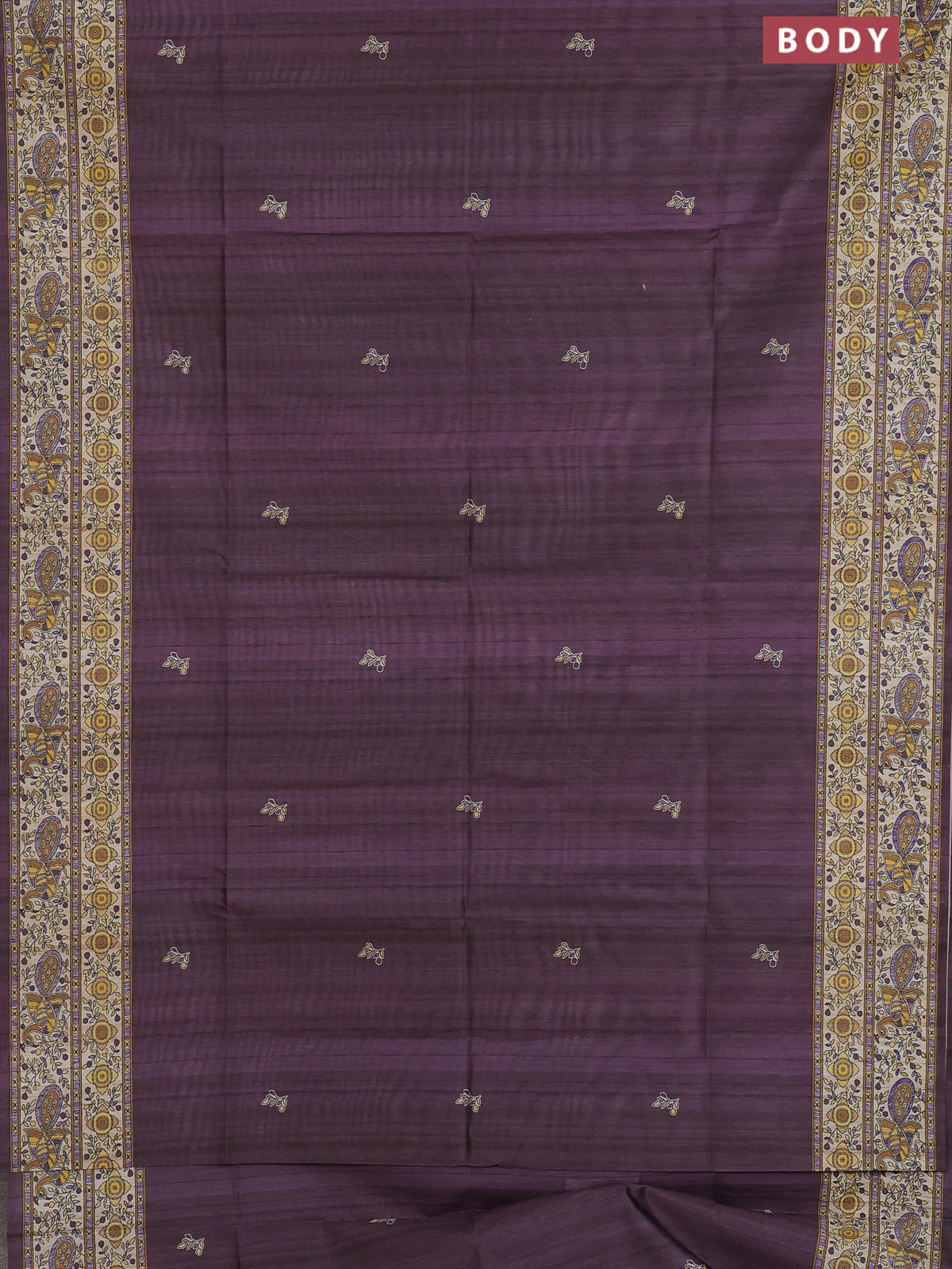 Semi tussar saree purple and cream with butta prints and madhubani printed pallu & border - Image 2