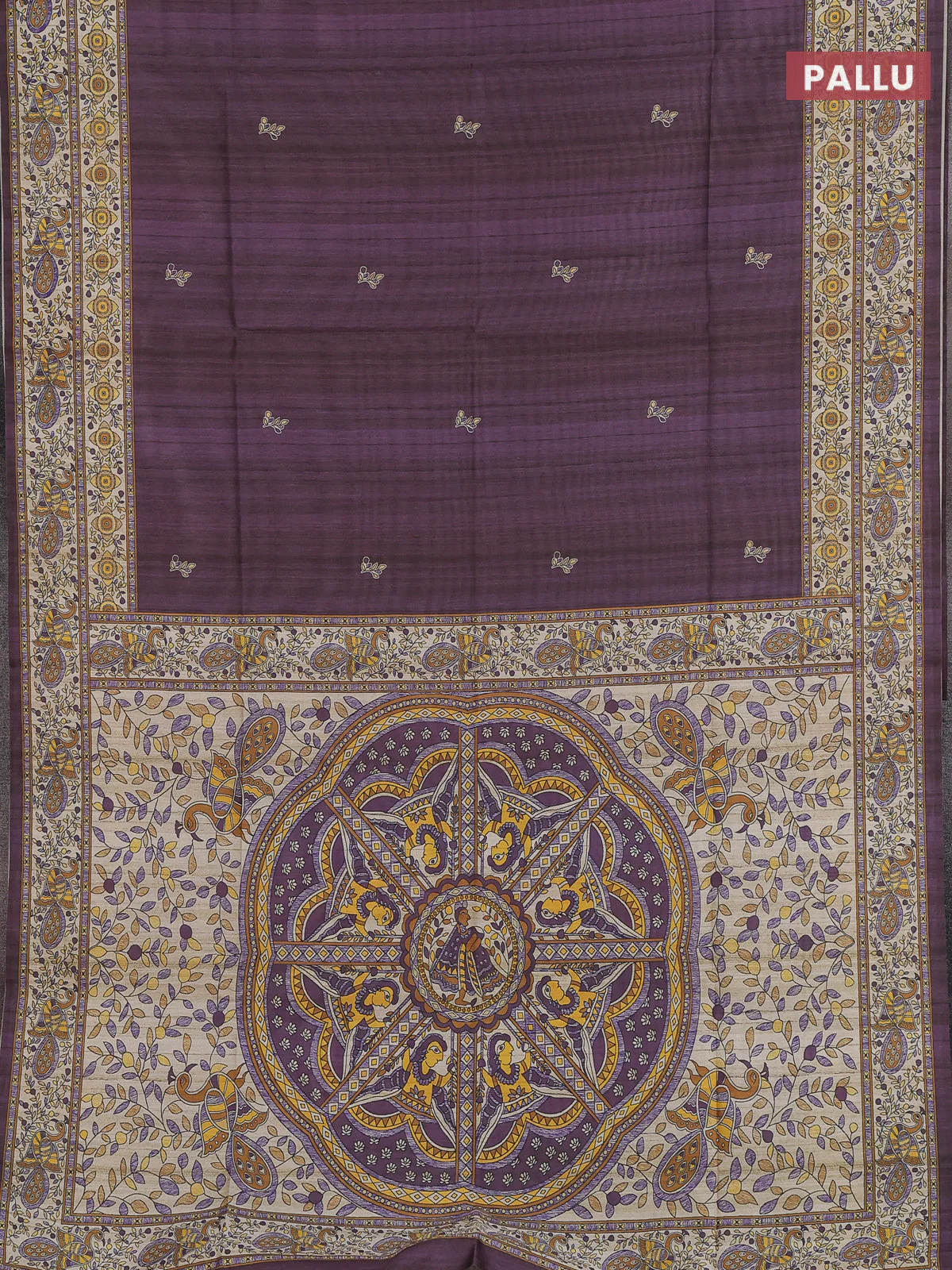 Semi tussar saree purple and cream with butta prints and madhubani printed pallu & border - Image 3