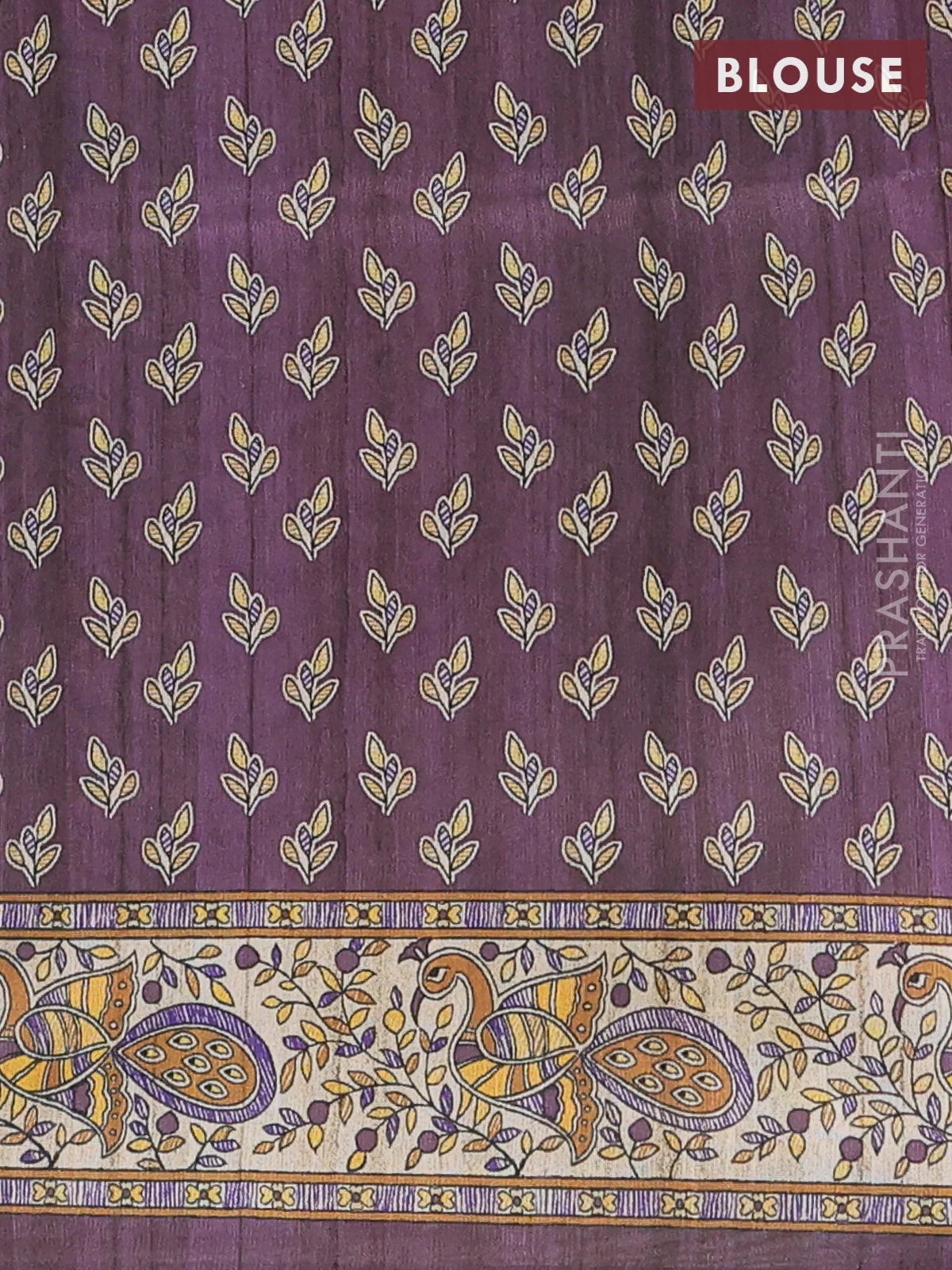 Semi tussar saree purple and cream with butta prints and madhubani printed pallu & border - Image 4