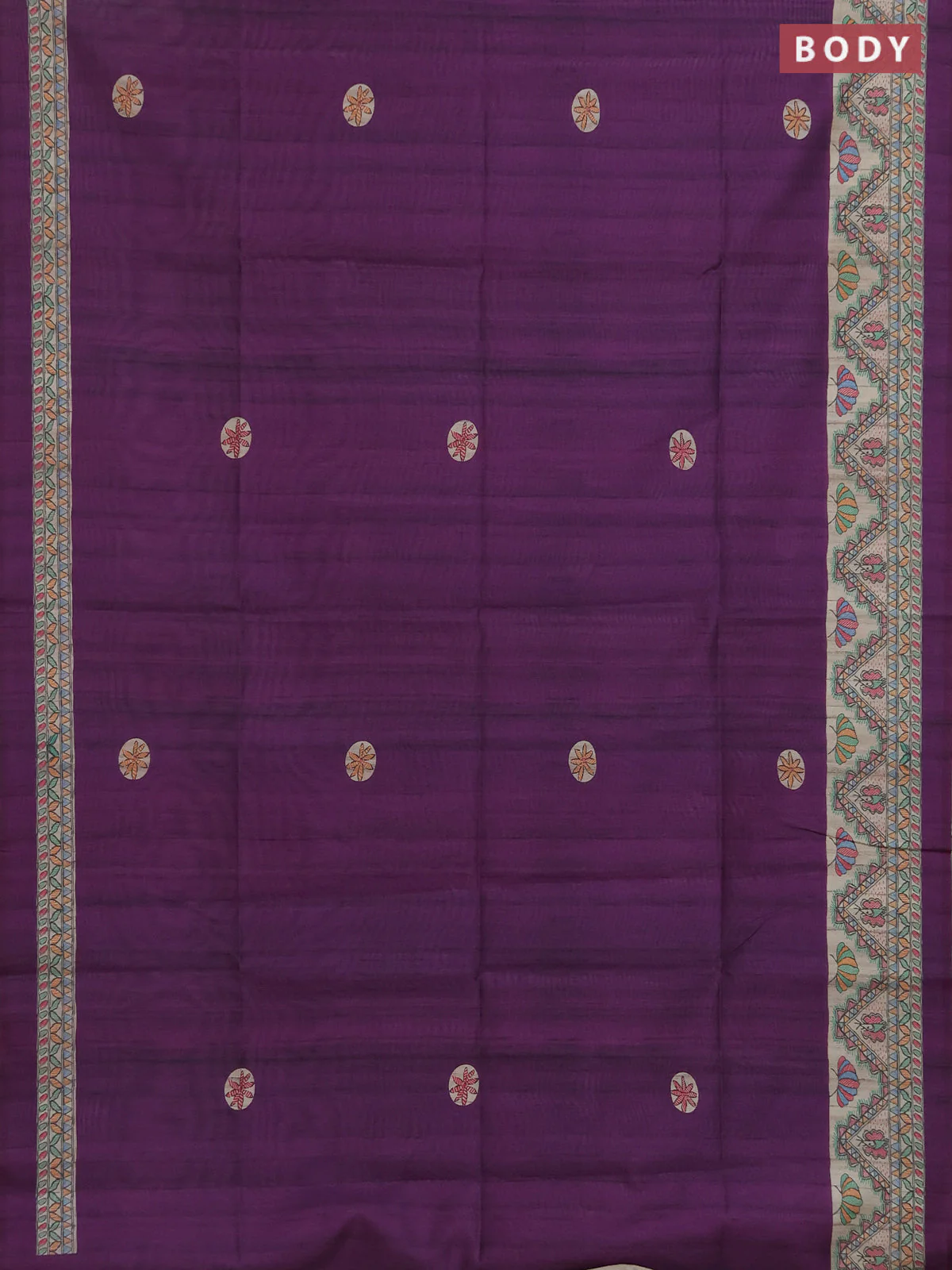 Semi tussar saree purple and cream with butta prints and madhubani printed pallu & border - Image 2