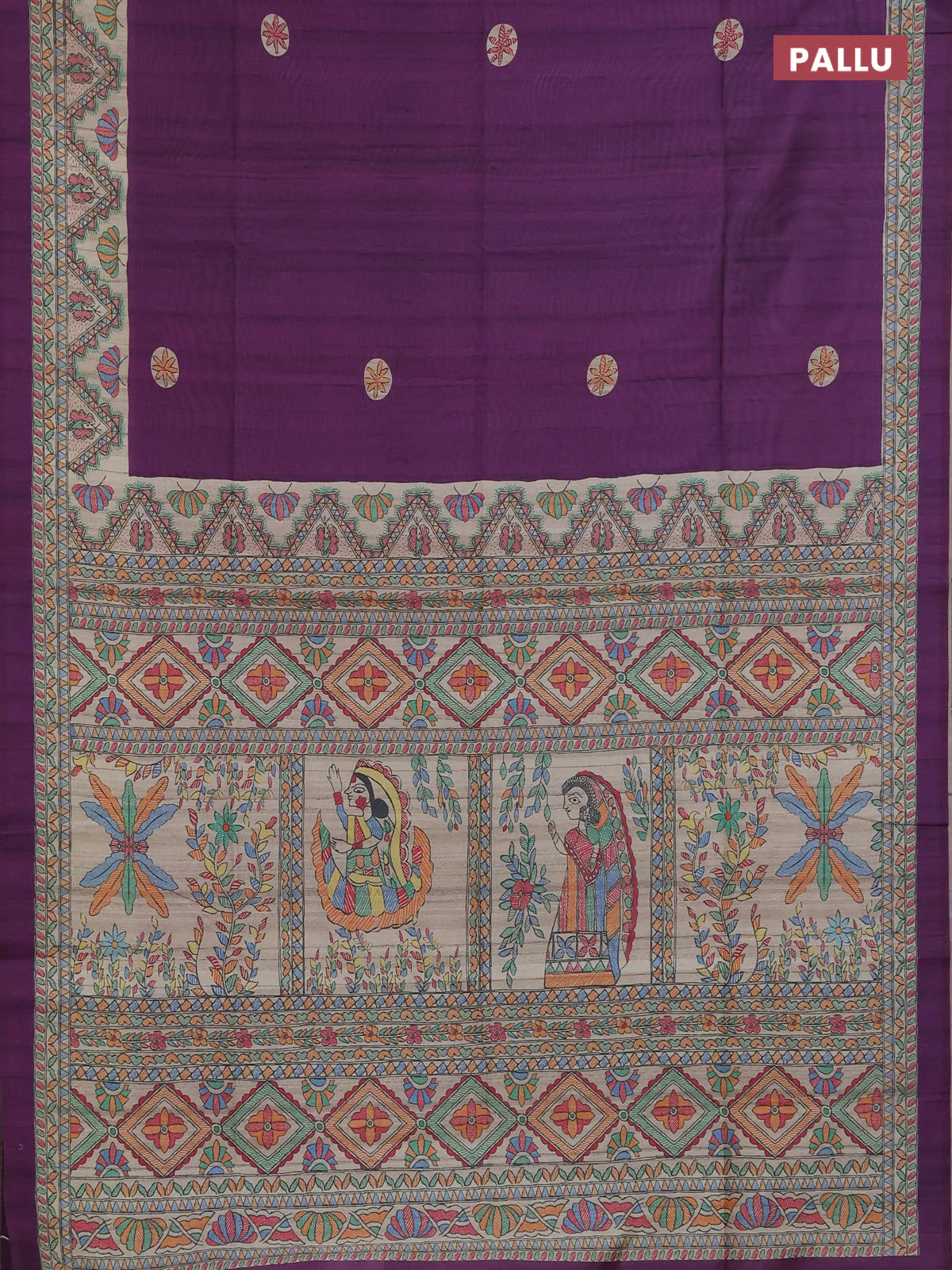 Semi tussar saree purple and cream with butta prints and madhubani printed pallu & border - Image 3