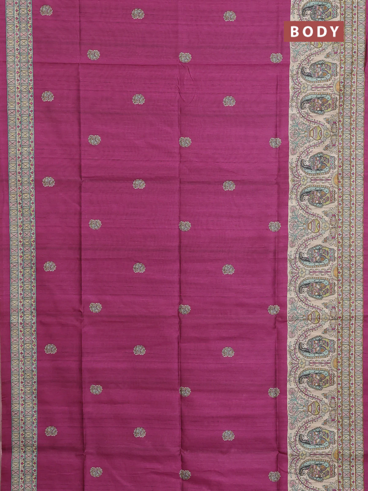 Semi tussar saree purple and cream with paisley butta prints and madhubani printed pallu & border - Image 2