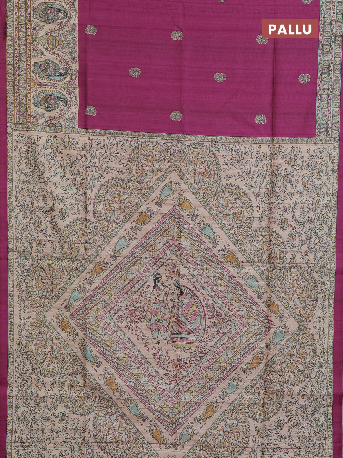 Semi tussar saree purple and cream with paisley butta prints and madhubani printed pallu & border - Image 3