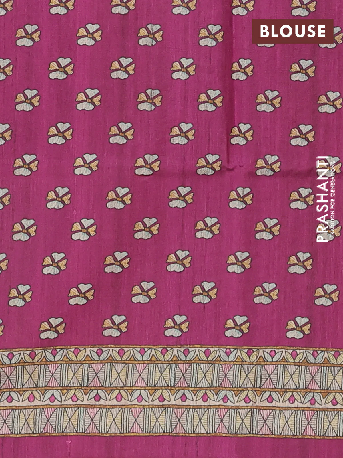 Semi tussar saree purple and cream with paisley butta prints and madhubani printed pallu & border - Image 4