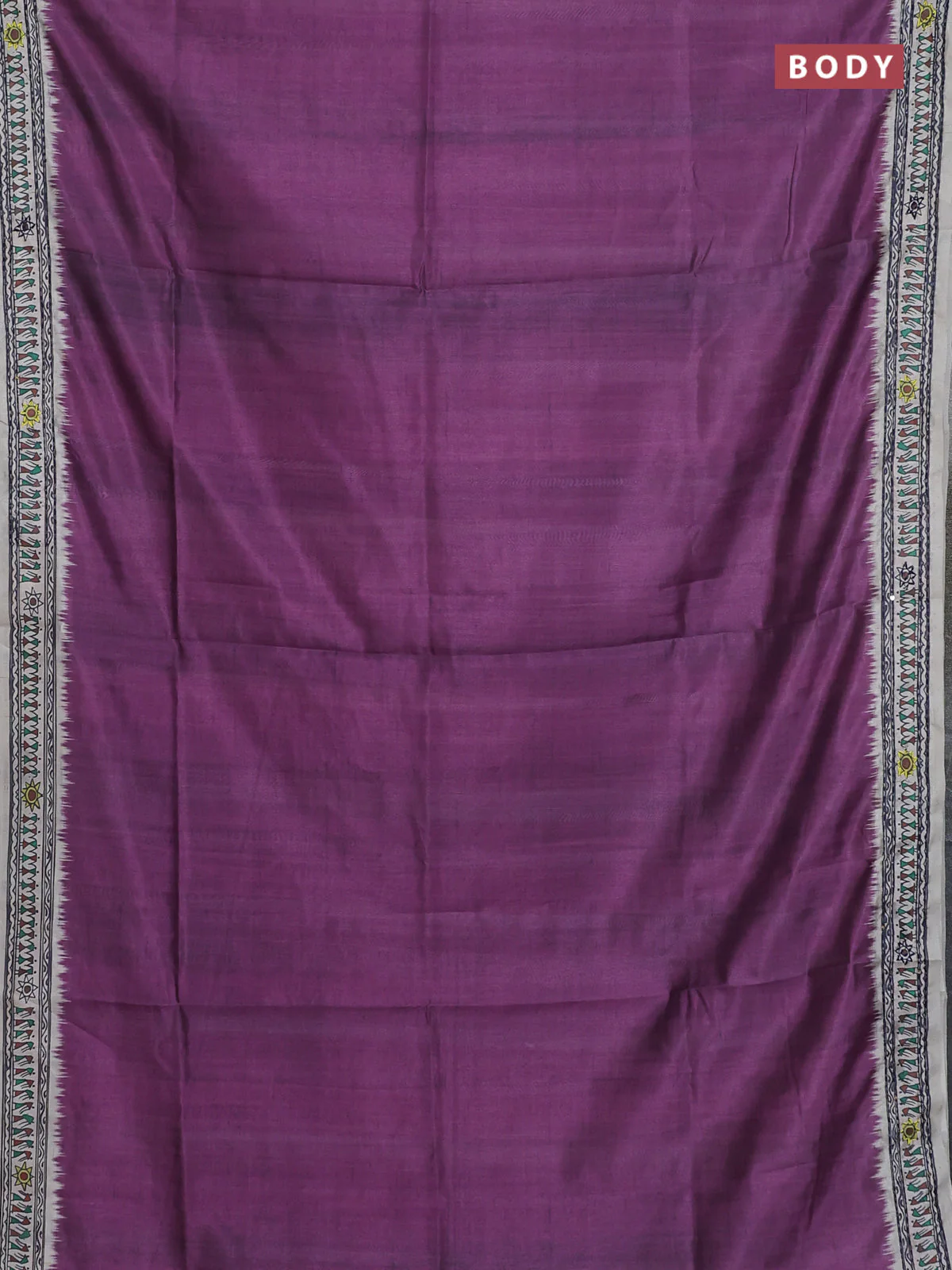 Semi tussar saree purple and cream with plain body and warli prints kantha stitch work border - Image 2