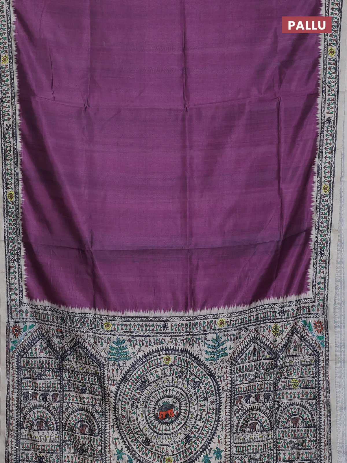 Semi tussar saree purple and cream with plain body and warli prints kantha stitch work border - Image 3