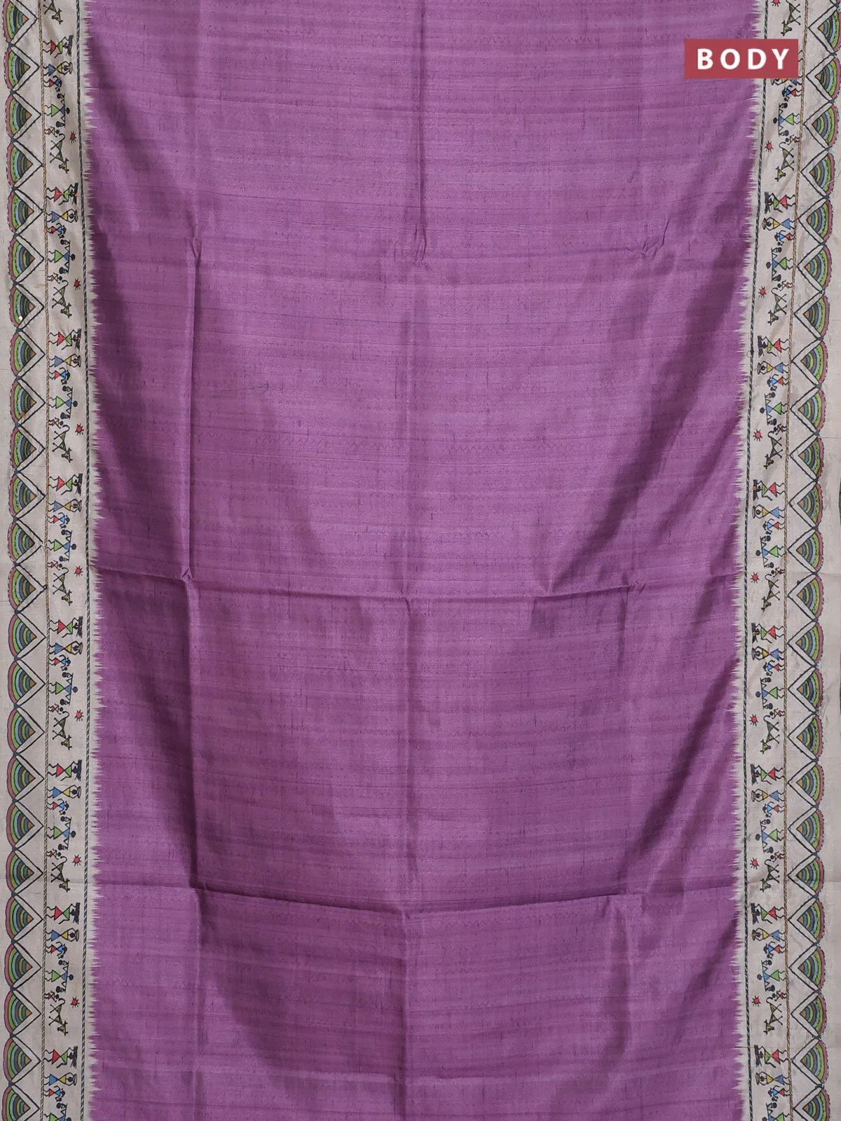 Semi tussar saree purple and cream with plain body and warli prints kantha stitch work border - Image 2
