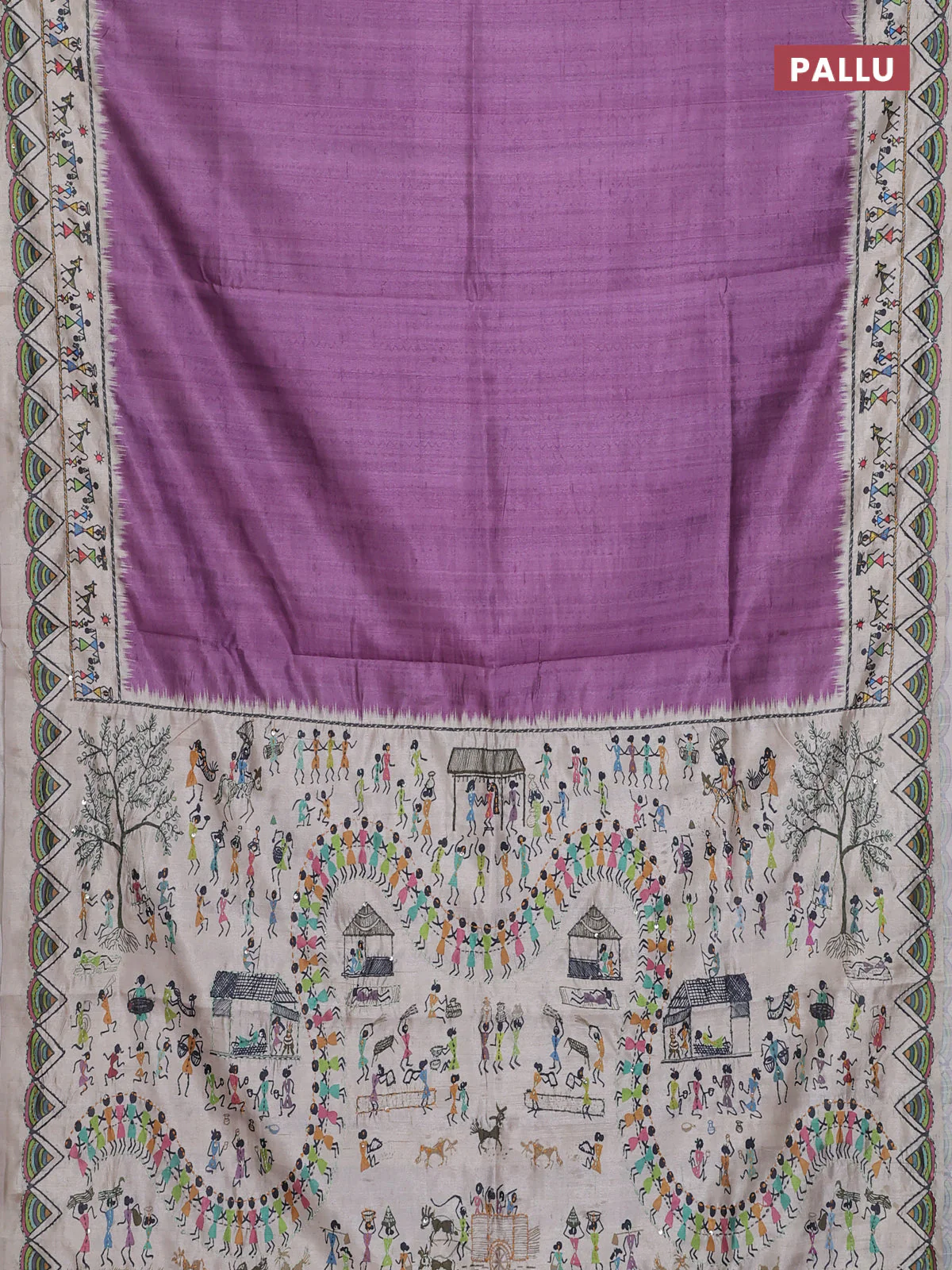 Semi tussar saree purple and cream with plain body and warli prints kantha stitch work border - Image 3