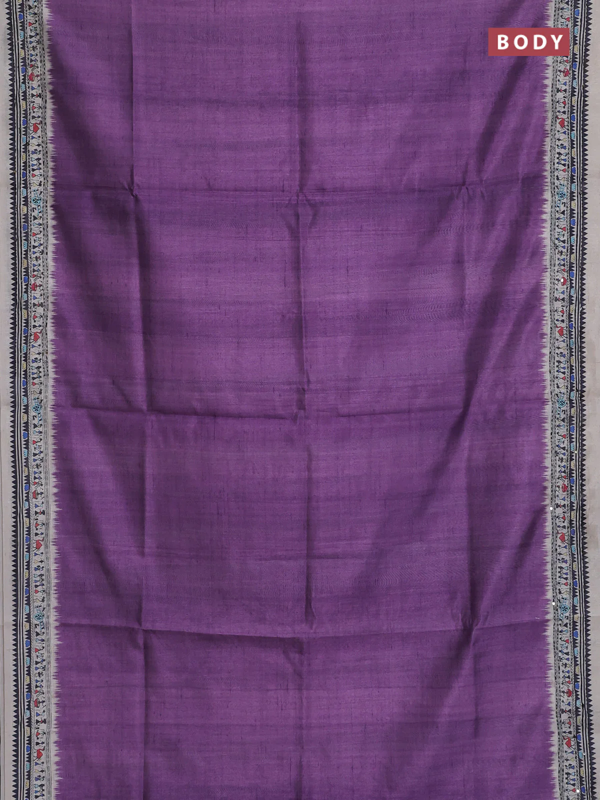 Semi tussar saree purple and cream with plain body and warli prints kantha stitch work border - Image 2