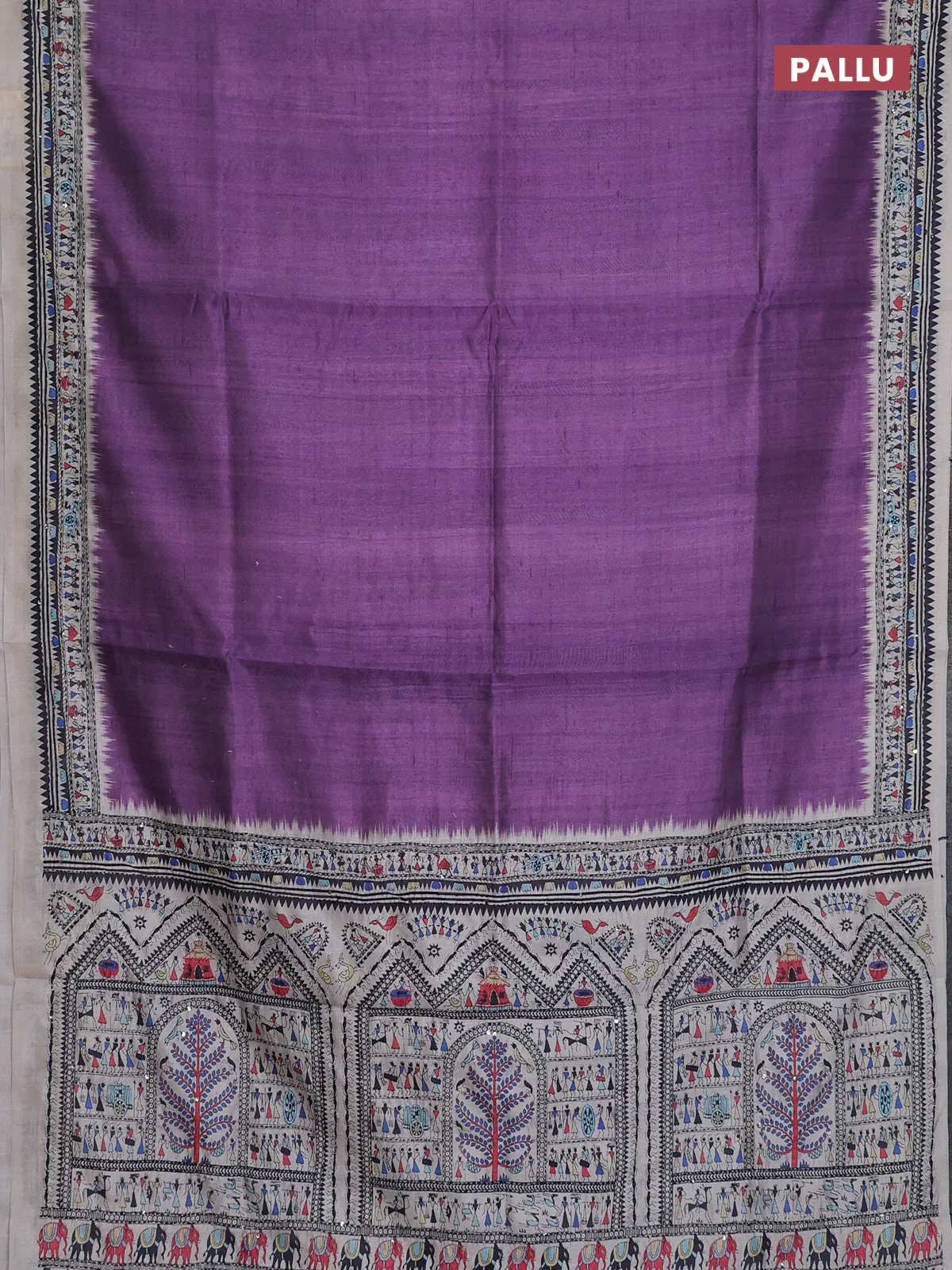 Semi tussar saree purple and cream with plain body and warli prints kantha stitch work border - Image 3
