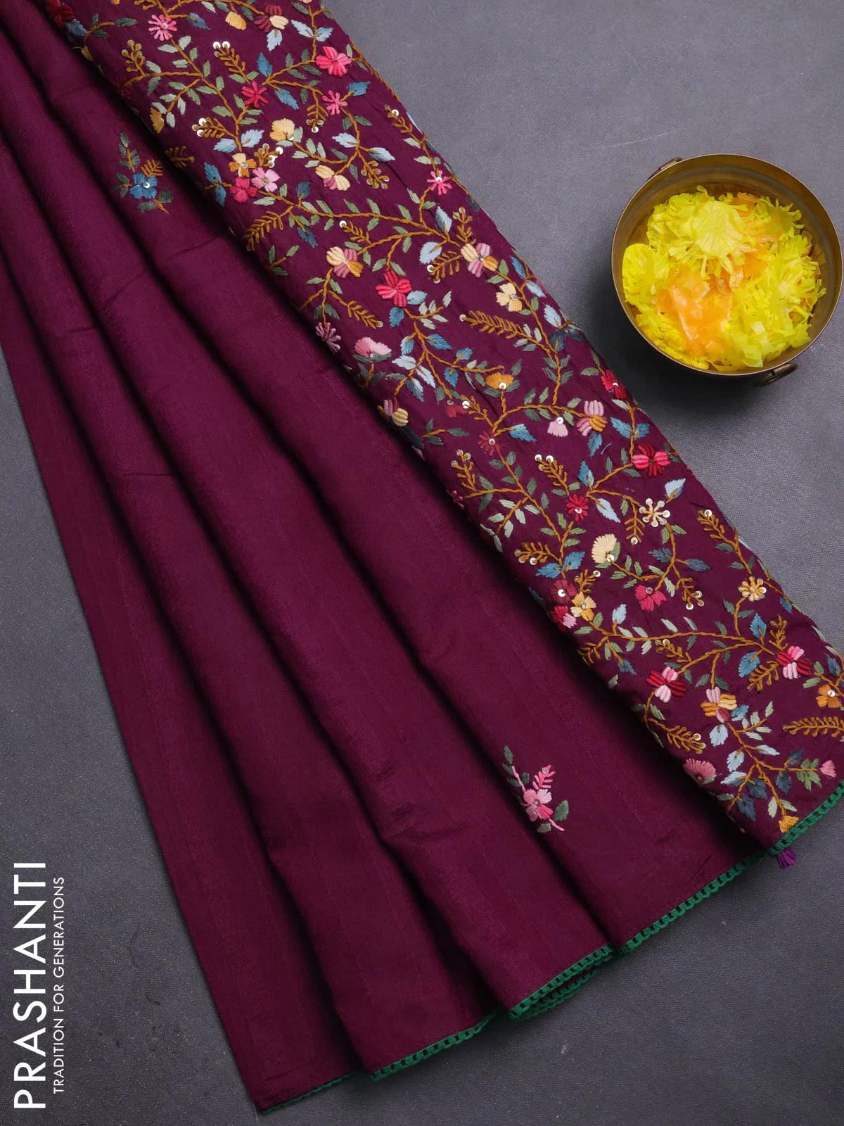 Semi tussar saree purple with embroided buttas and embroidery pallu