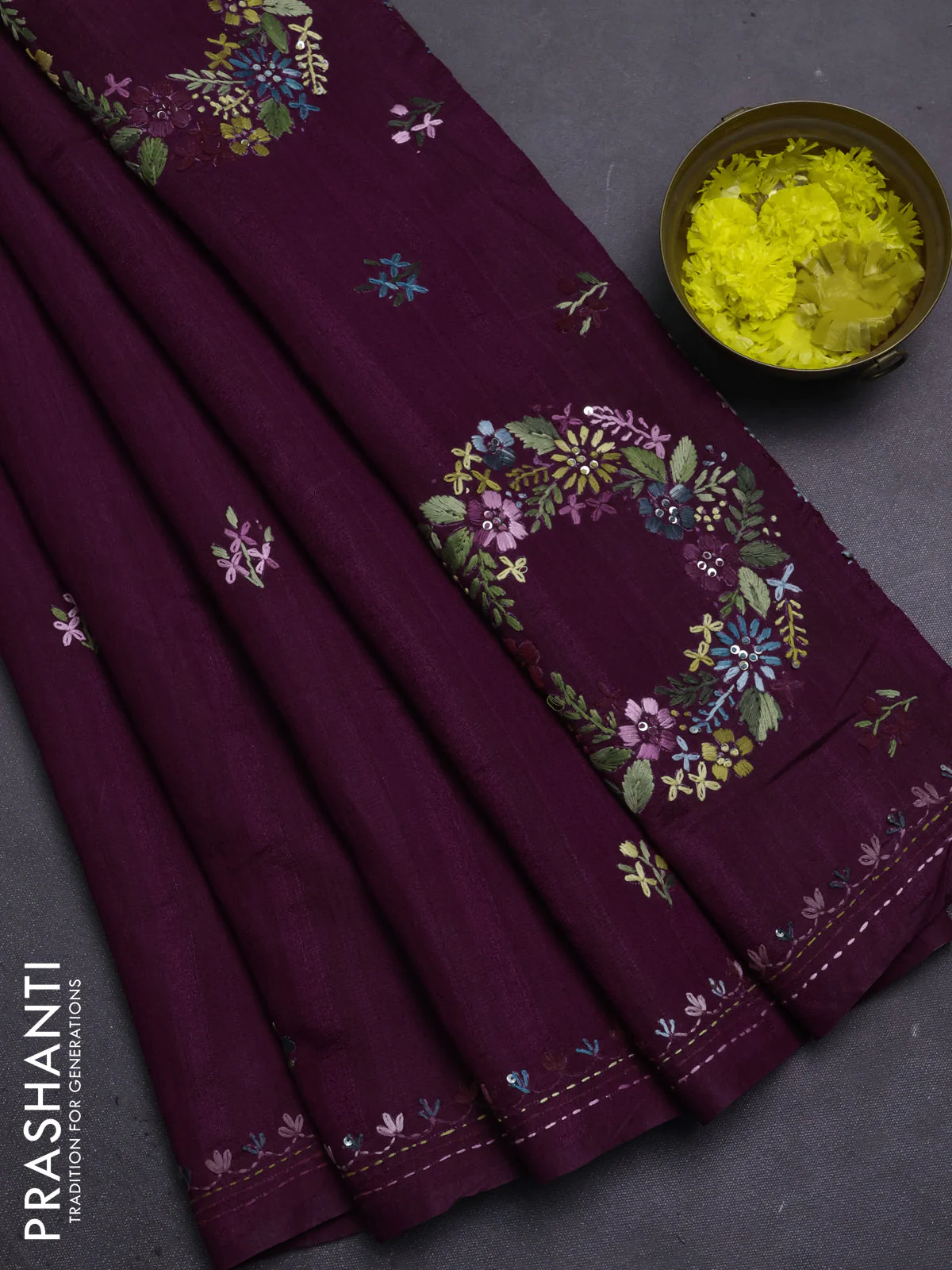 Semi tussar saree purple with embroided buttas and embroidery pallu