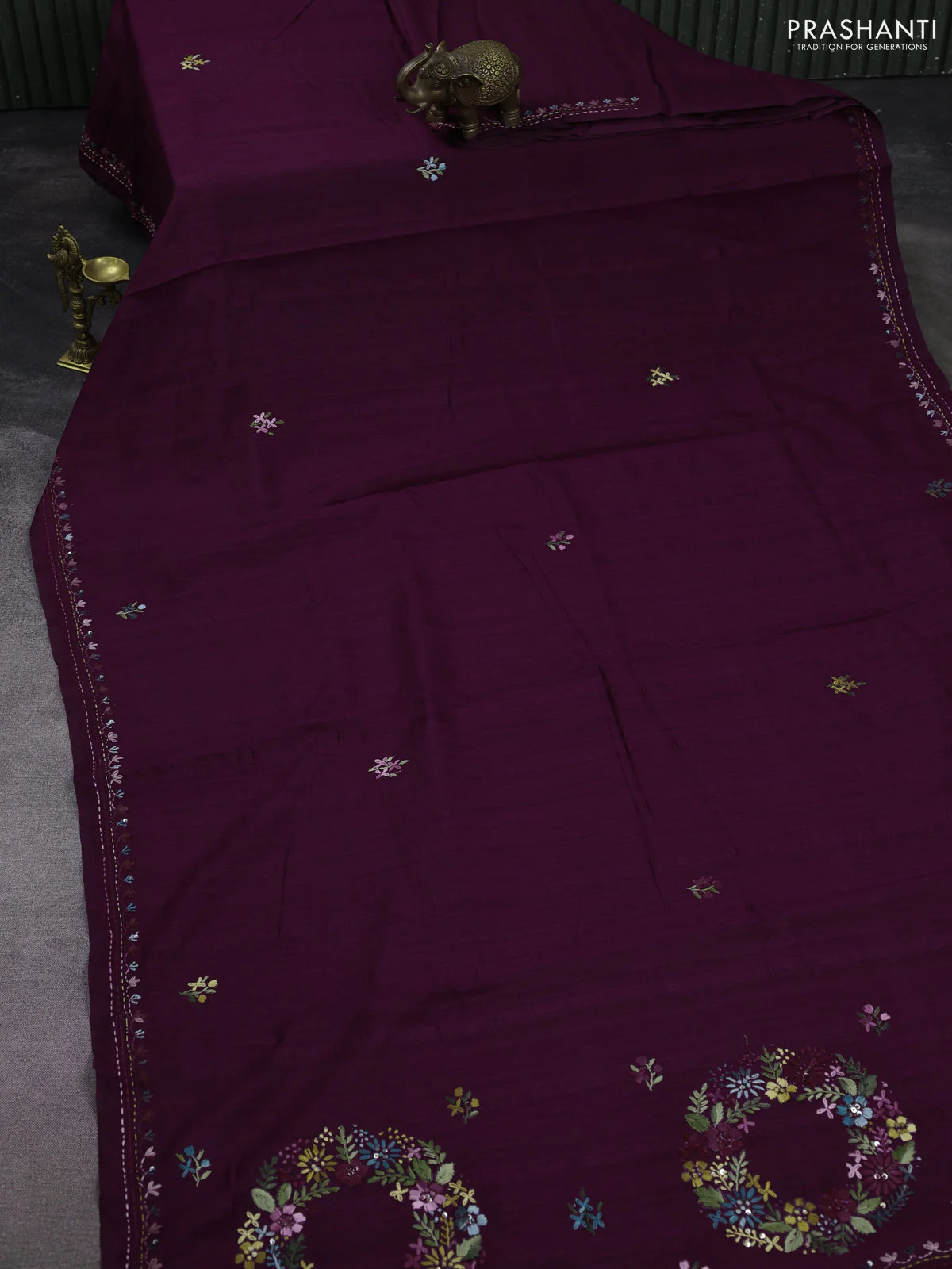 Semi tussar saree purple with embroided buttas and embroidery pallu - Image 2