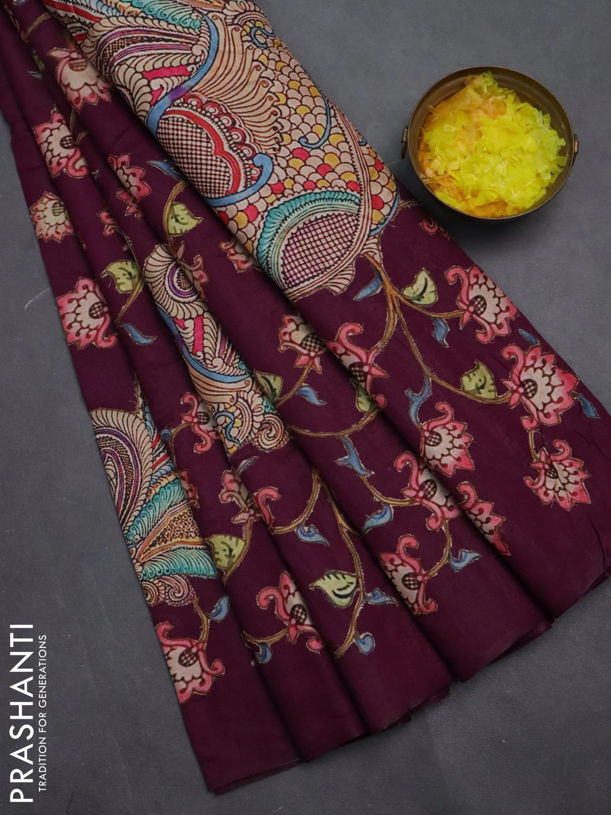 Semi tussar saree purple with kalamkari applique work - Image 2