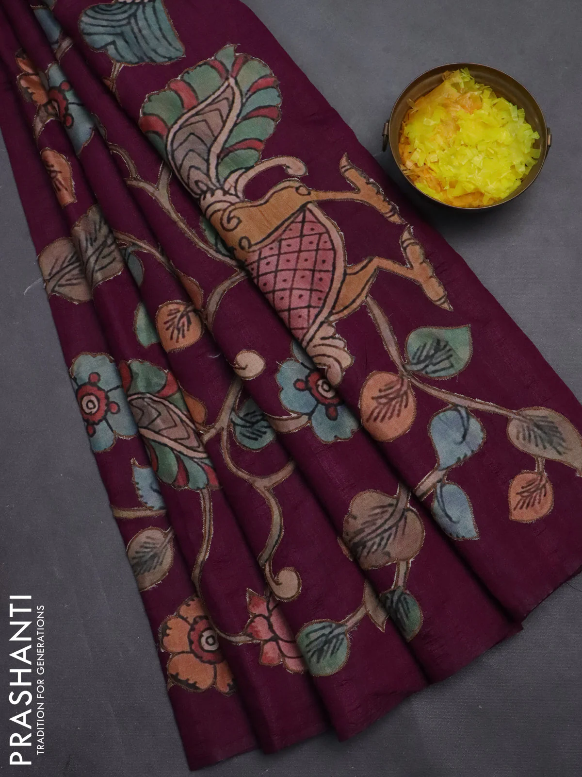 Semi tussar saree purple with kalamkari applique work - Image 2