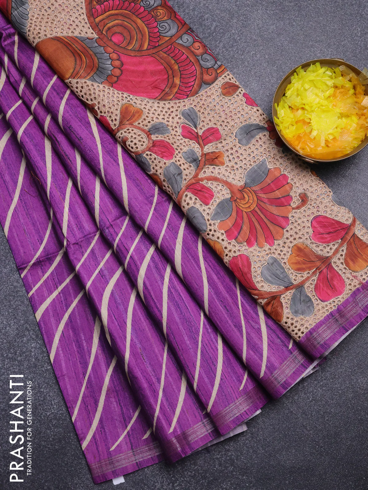 Semi tussar saree purple with leheriya prints and kalamkari prints & cut work pallu