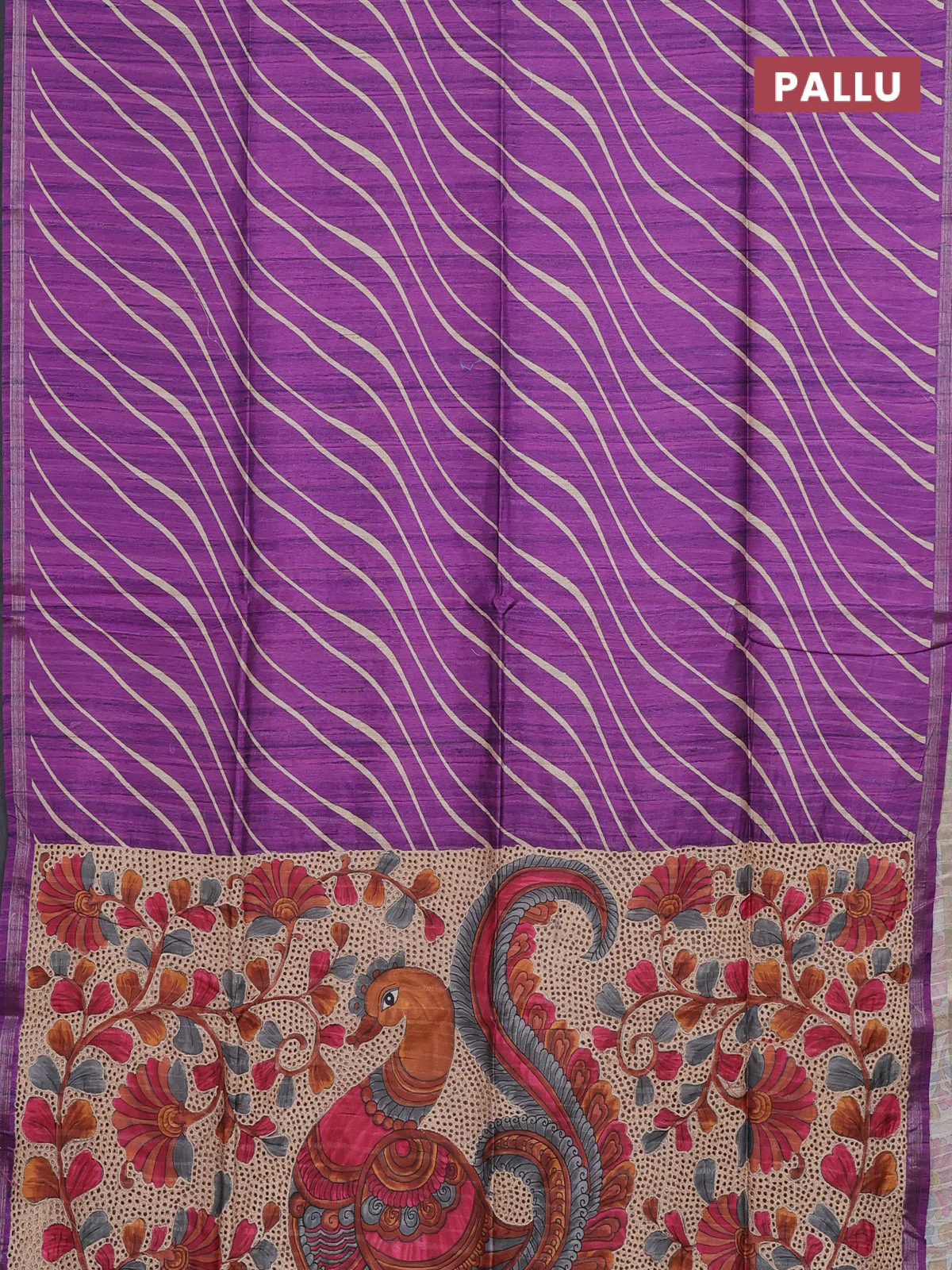 Semi tussar saree purple with leheriya prints and kalamkari prints & cut work pallu - Image 3