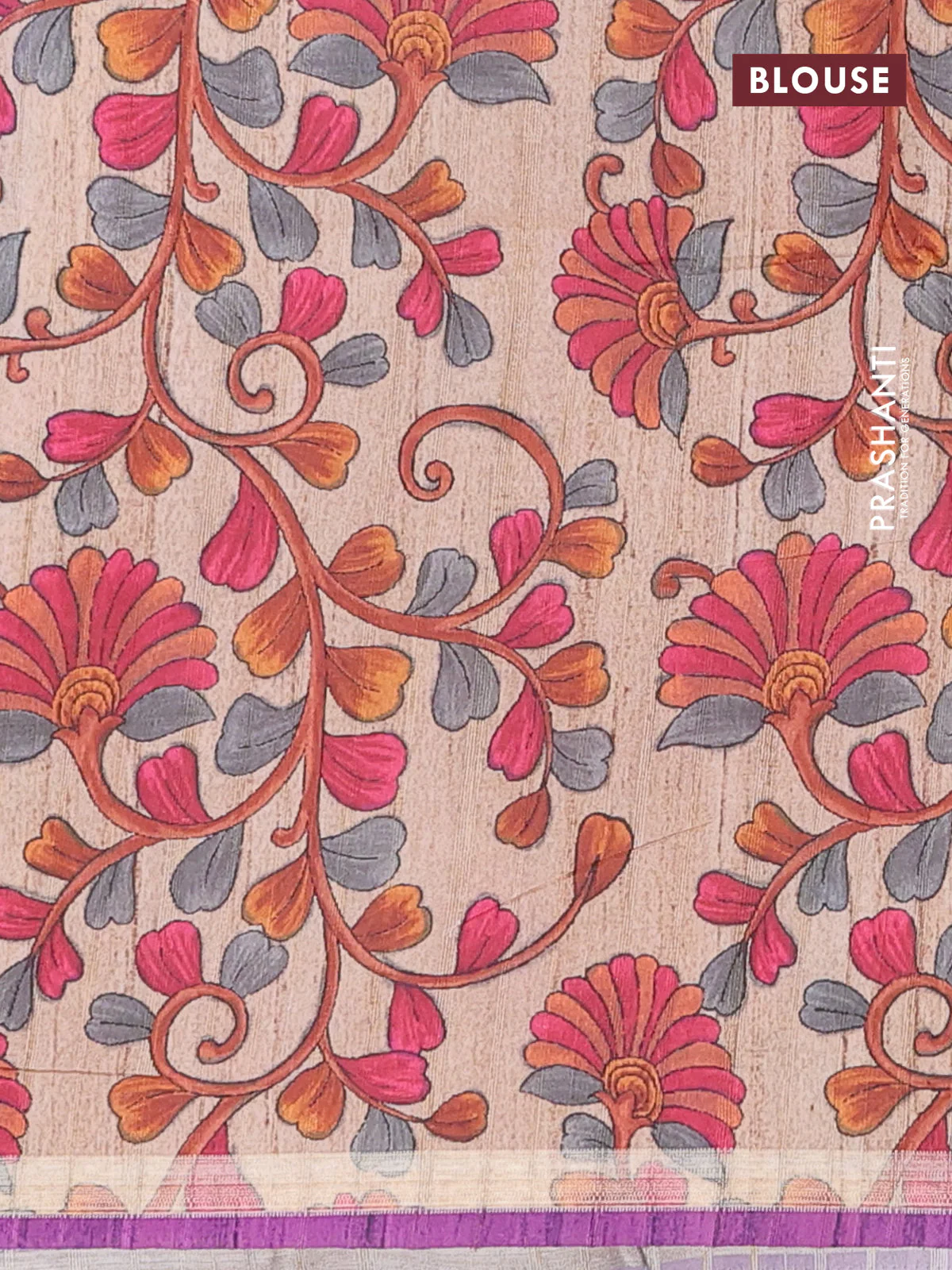 Semi tussar saree purple with leheriya prints and kalamkari prints & cut work pallu - Image 4