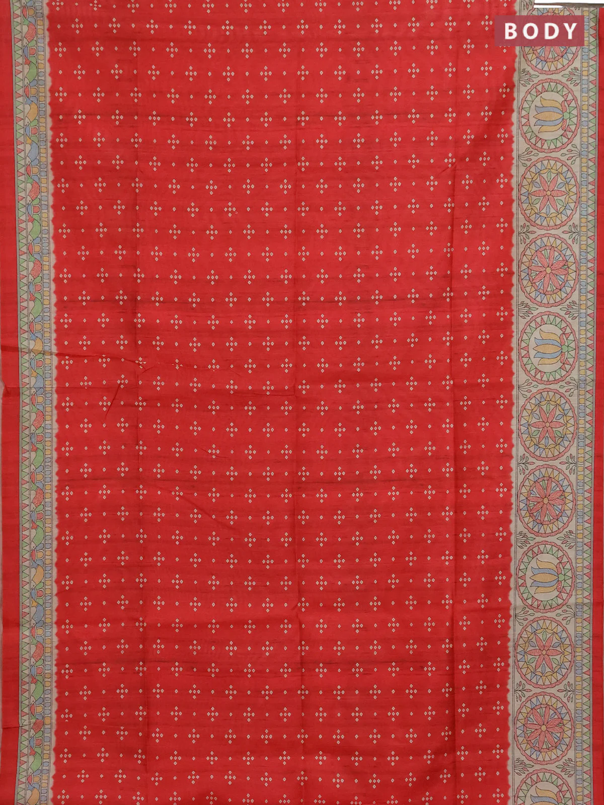 Semi tussar saree red and beige with allover bandhani prints and madhubani printed pallu & border - Image 2