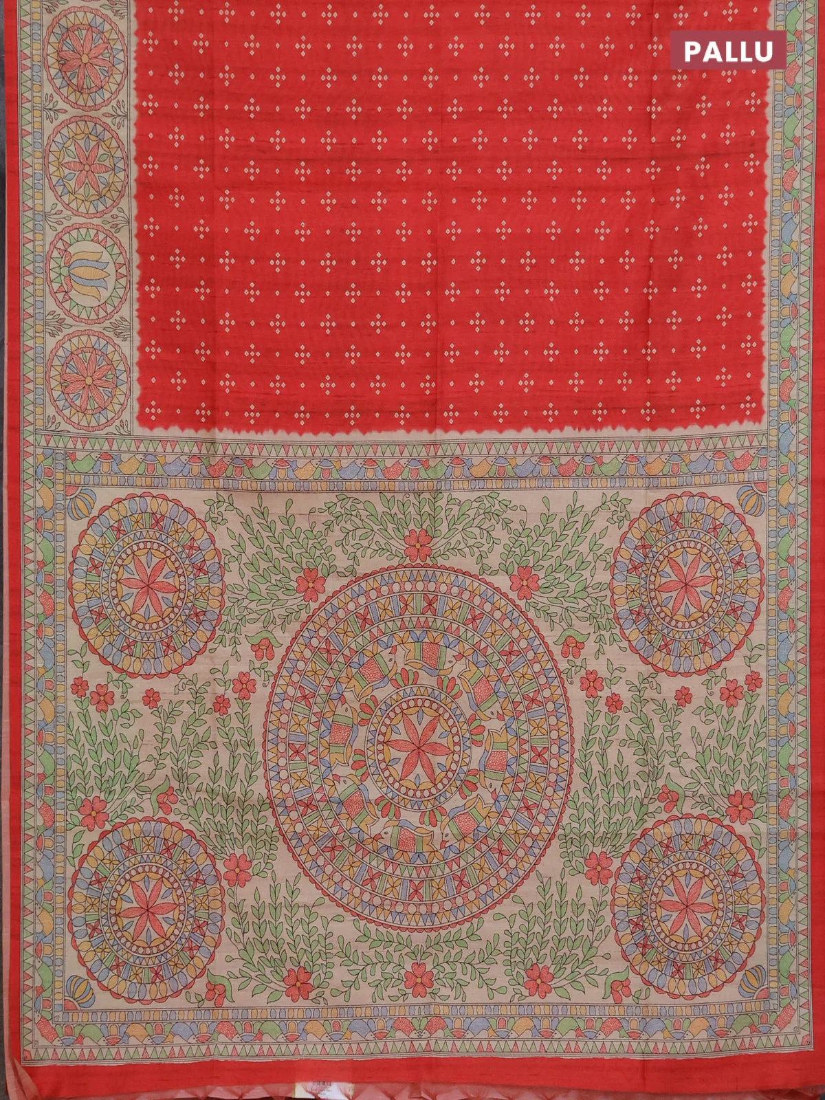 Semi tussar saree red and beige with allover bandhani prints and madhubani printed pallu & border - Image 3
