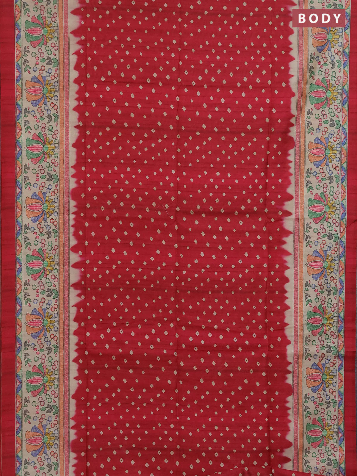 Semi tussar saree red and beige with allover bandhani prints and madhubani printed pallu & border - Image 2