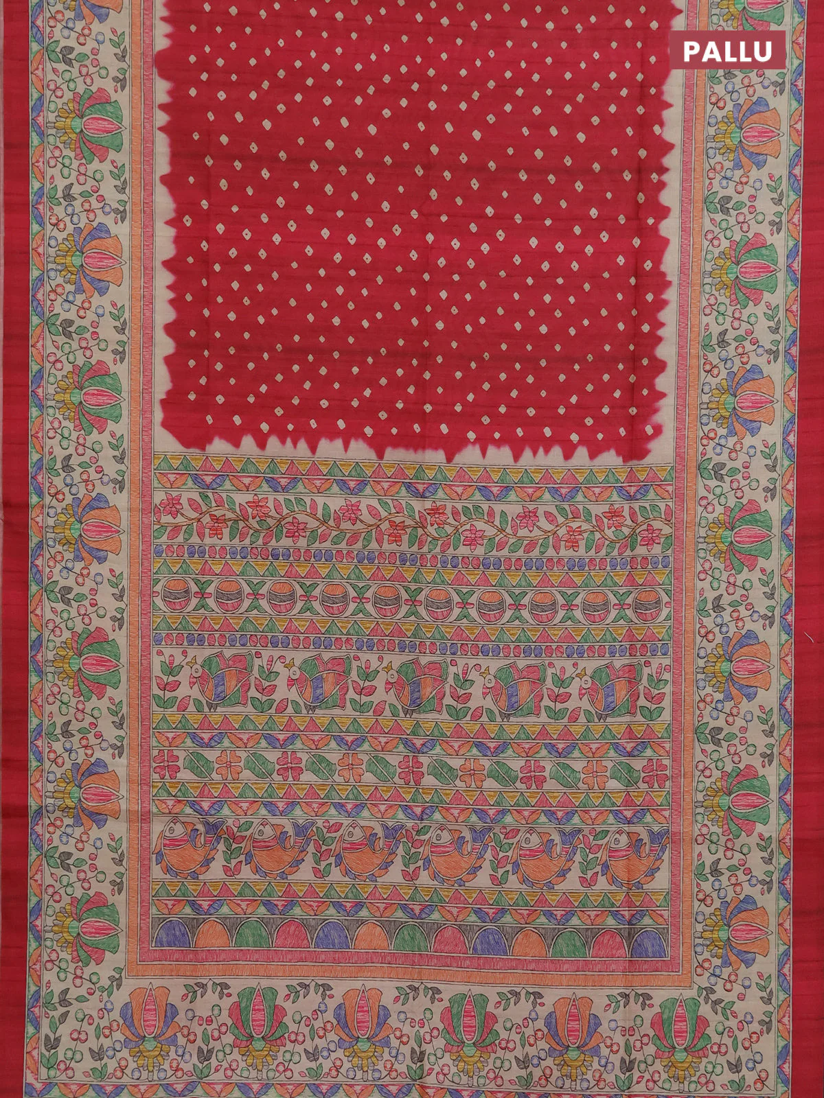 Semi tussar saree red and beige with allover bandhani prints and madhubani printed pallu & border - Image 3