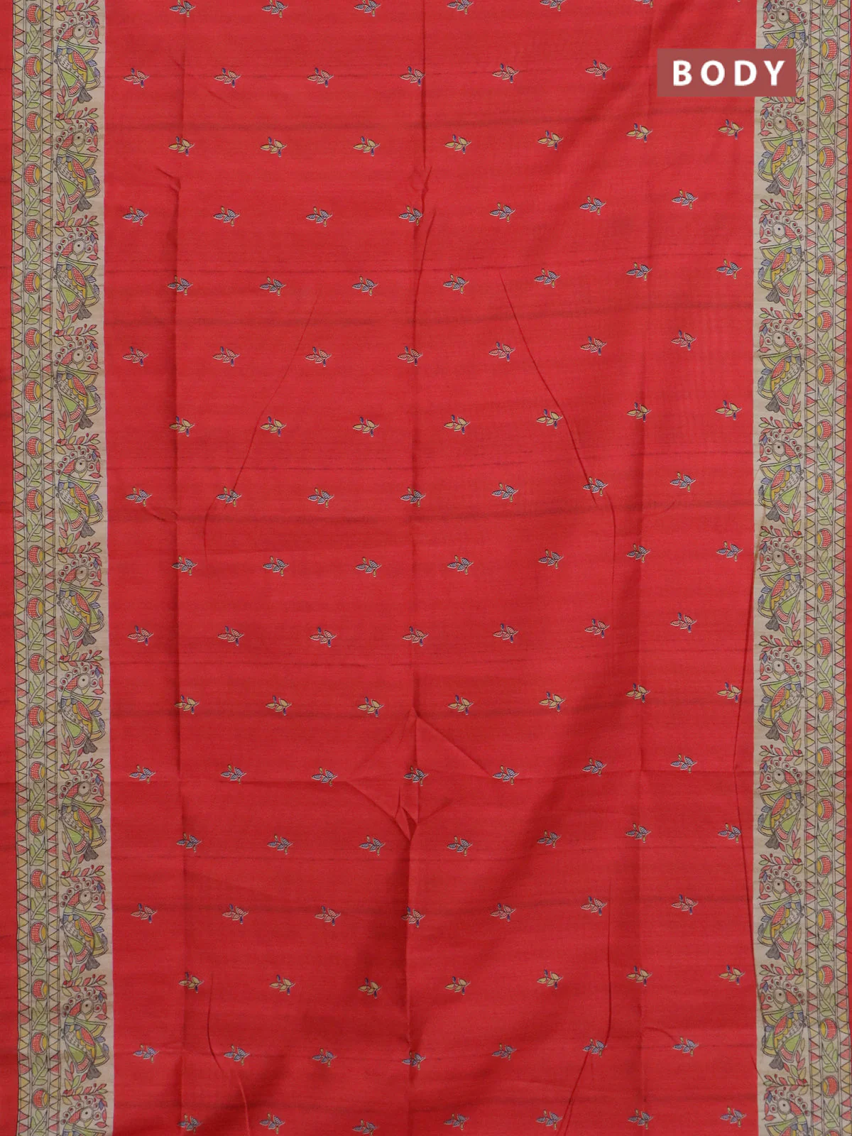 Semi tussar saree red and beige with allover butta prints and madhubani printed pallu & border - Image 2