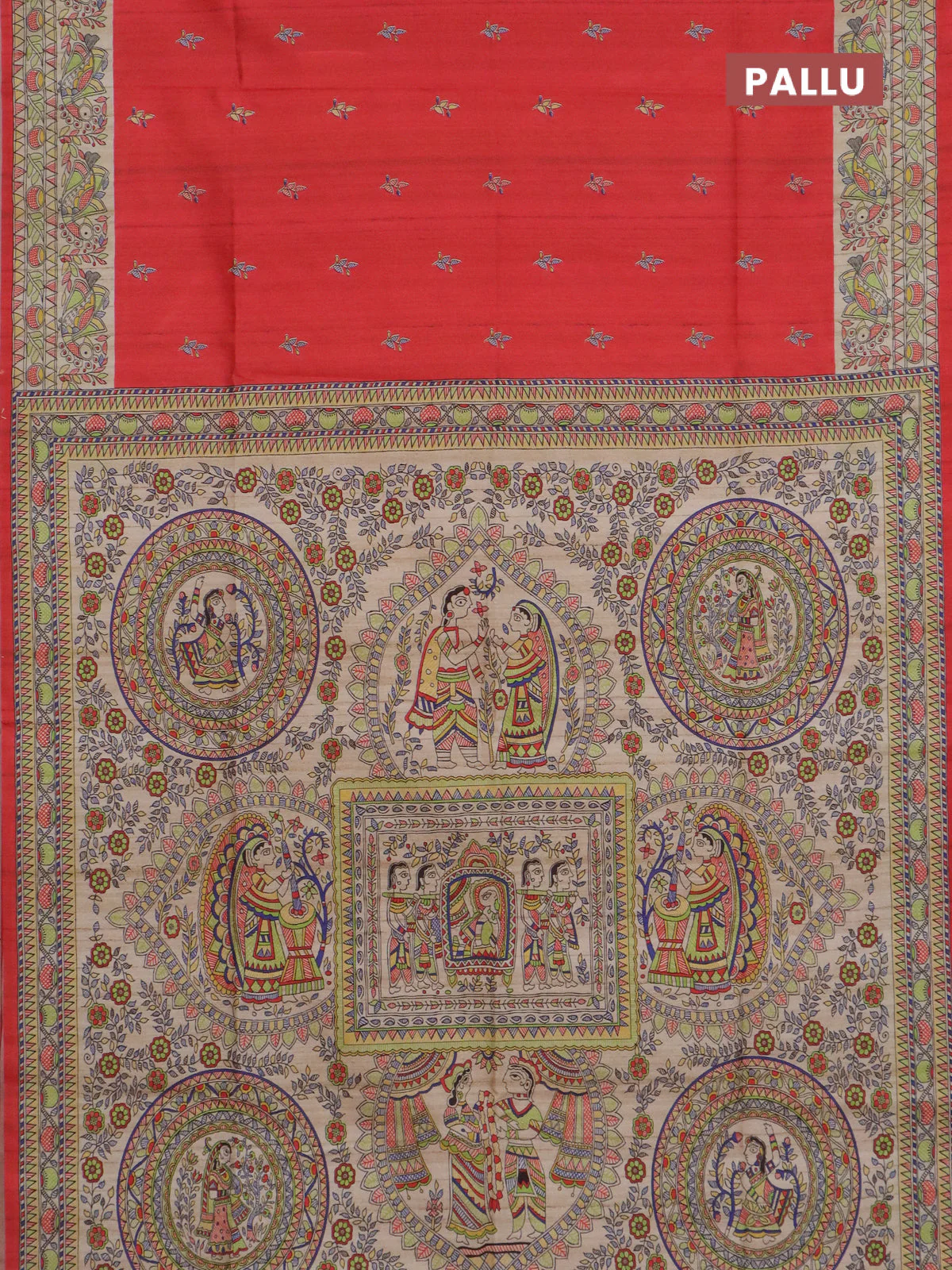 Semi tussar saree red and beige with allover butta prints and madhubani printed pallu & border - Image 3