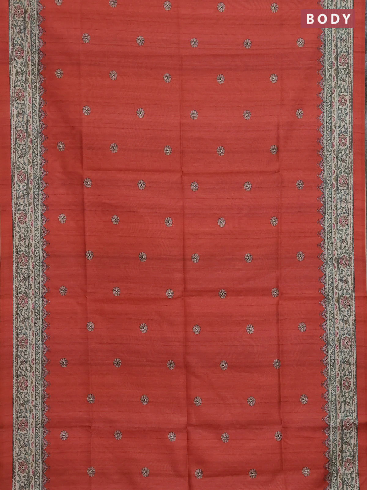 Semi tussar saree red and beige with allover butta prints and madhubani printed pallu & border - Image 2