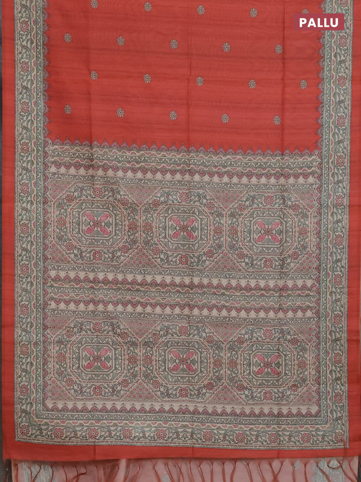 Semi tussar saree red and beige with allover butta prints and madhubani printed pallu & border - Image 3