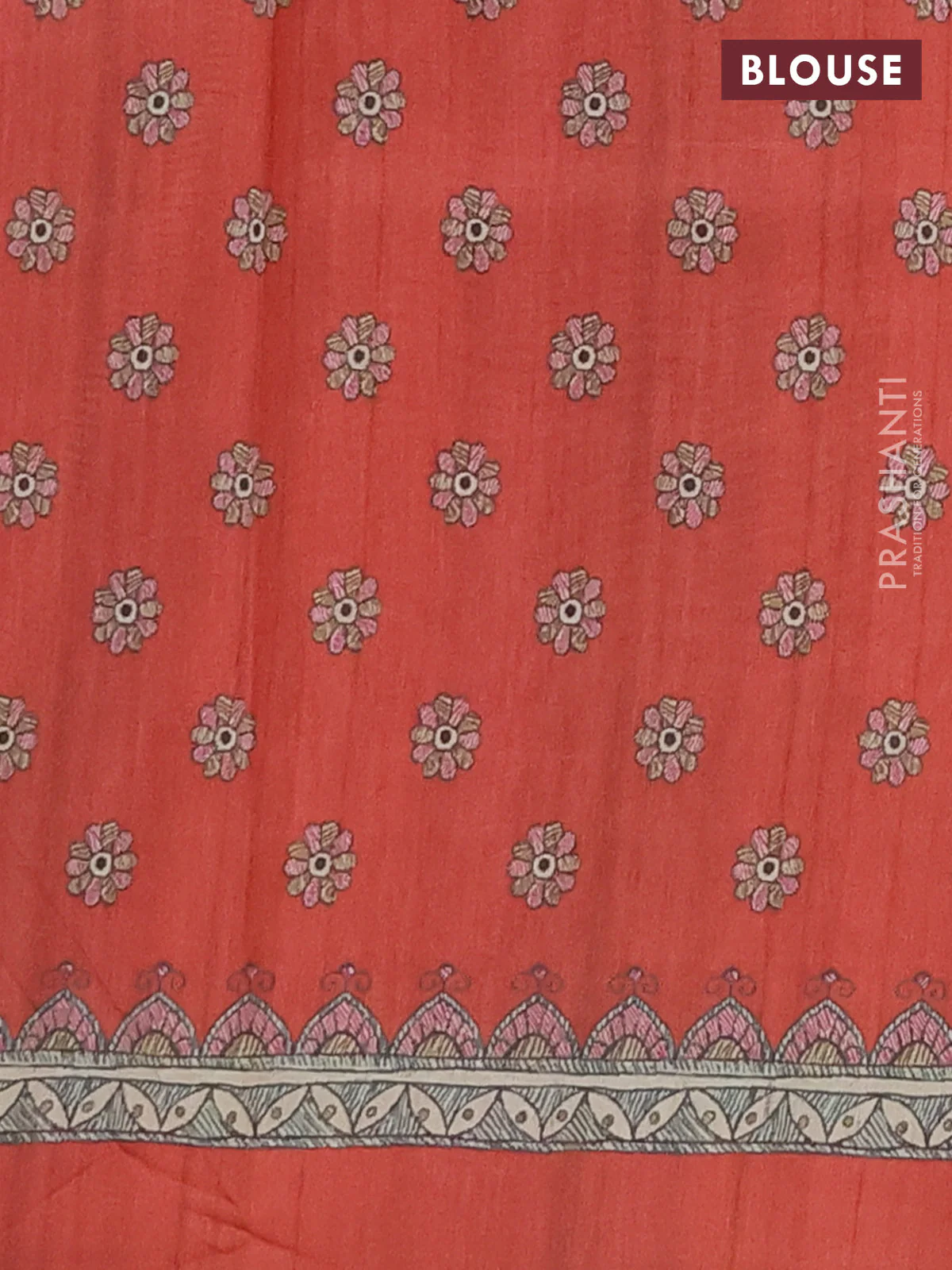 Semi tussar saree red and beige with allover butta prints and madhubani printed pallu & border - Image 4