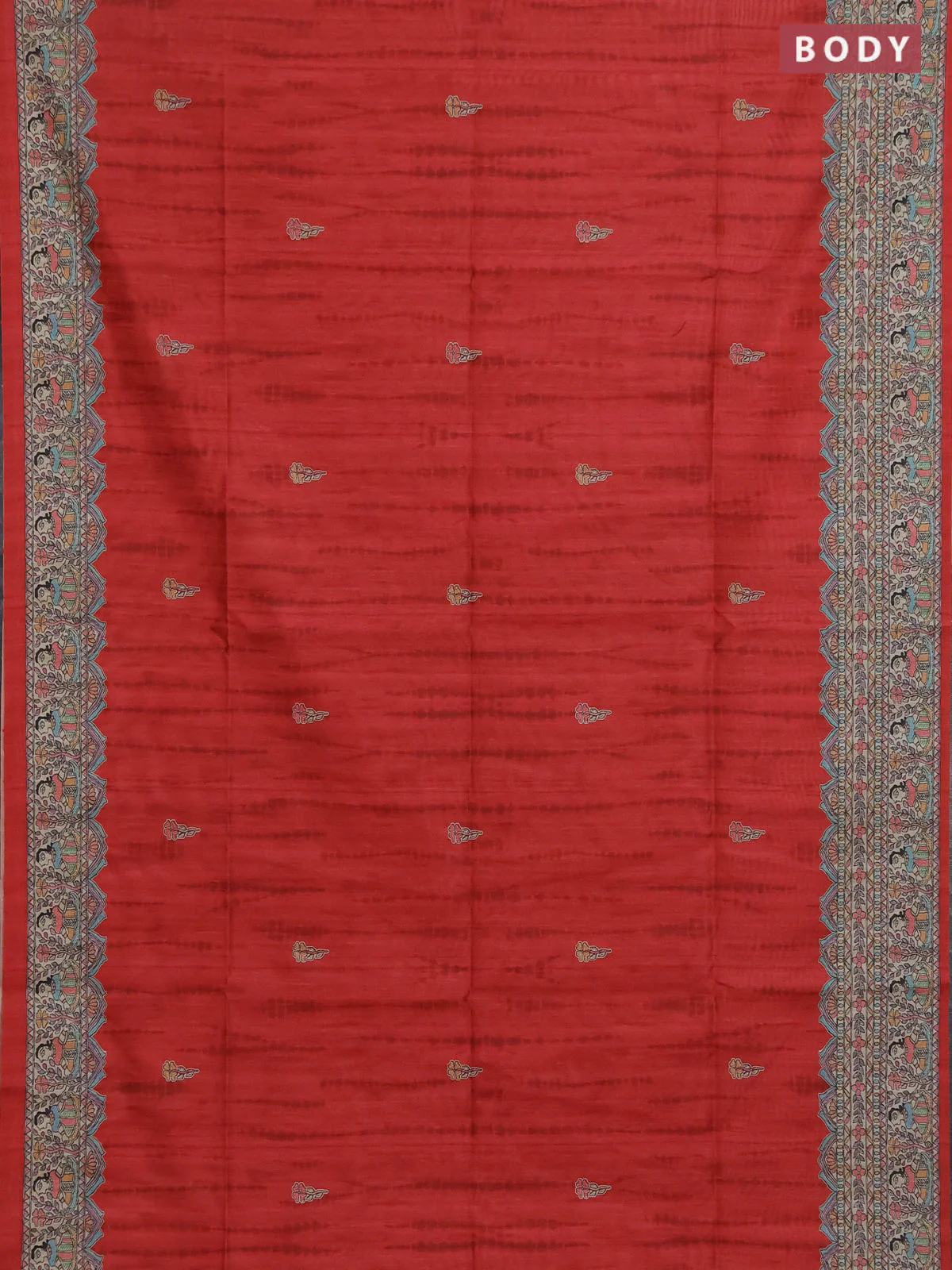 Semi tussar saree red and beige with butta prints and madhubani printed pallu & border - Image 2
