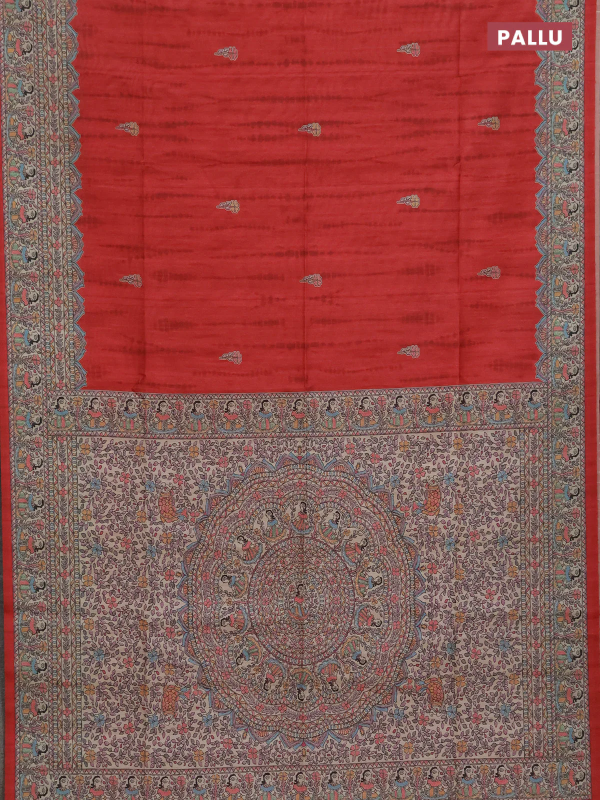 Semi tussar saree red and beige with butta prints and madhubani printed pallu & border - Image 3