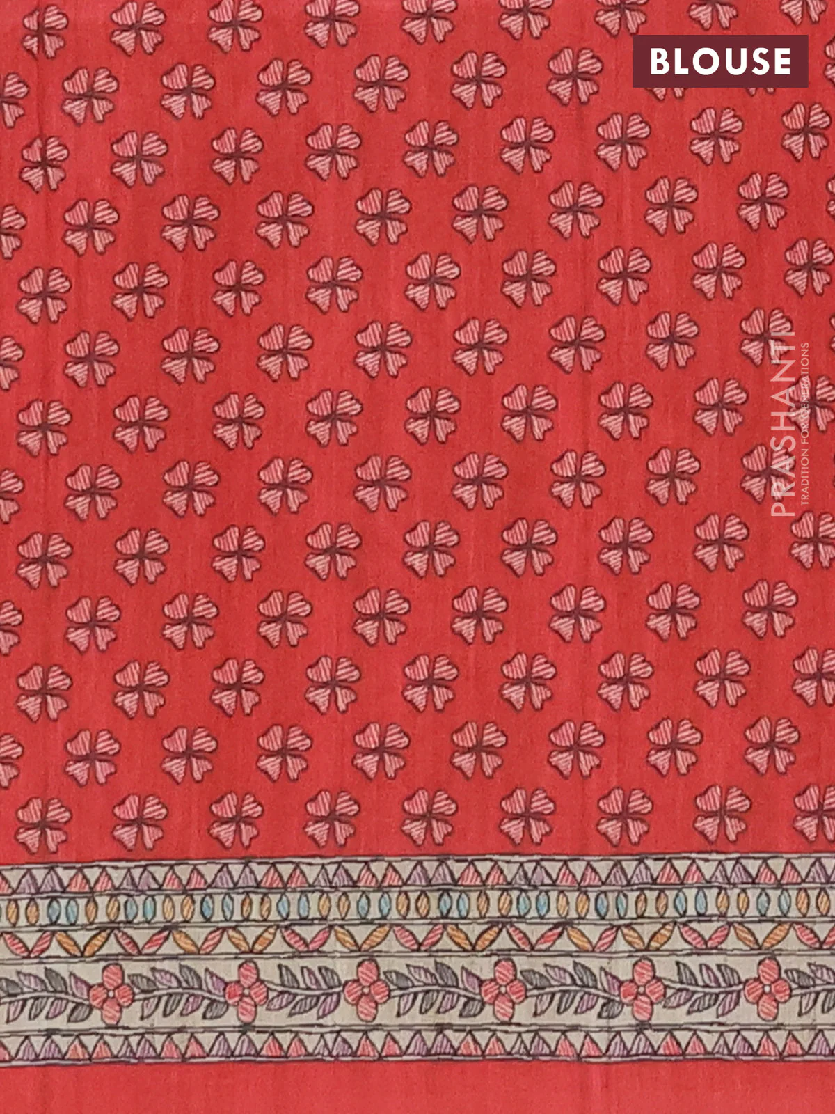 Semi tussar saree red and beige with butta prints and madhubani printed pallu & border - Image 4