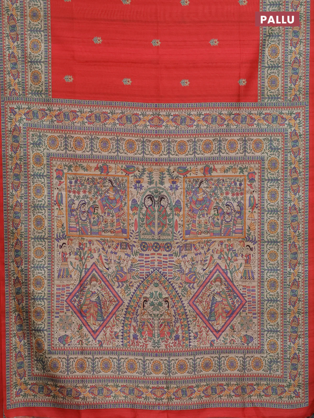 Semi tussar saree red and beige with butta prints and madhubani printed pallu & border - Image 3