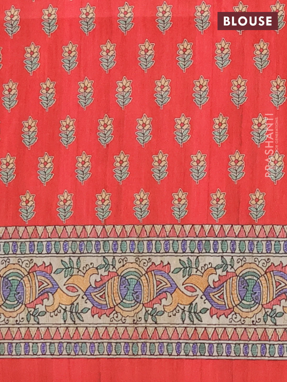 Semi tussar saree red and beige with butta prints and madhubani printed pallu & border - Image 4